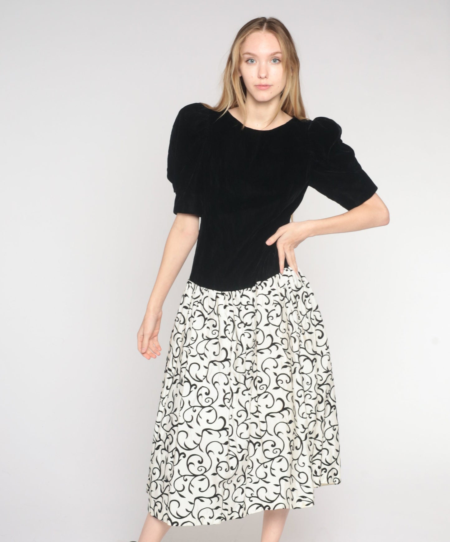 80s Black Velvet Vine Print Midi Dress Puff Sleeve Bow Scoop Back Small