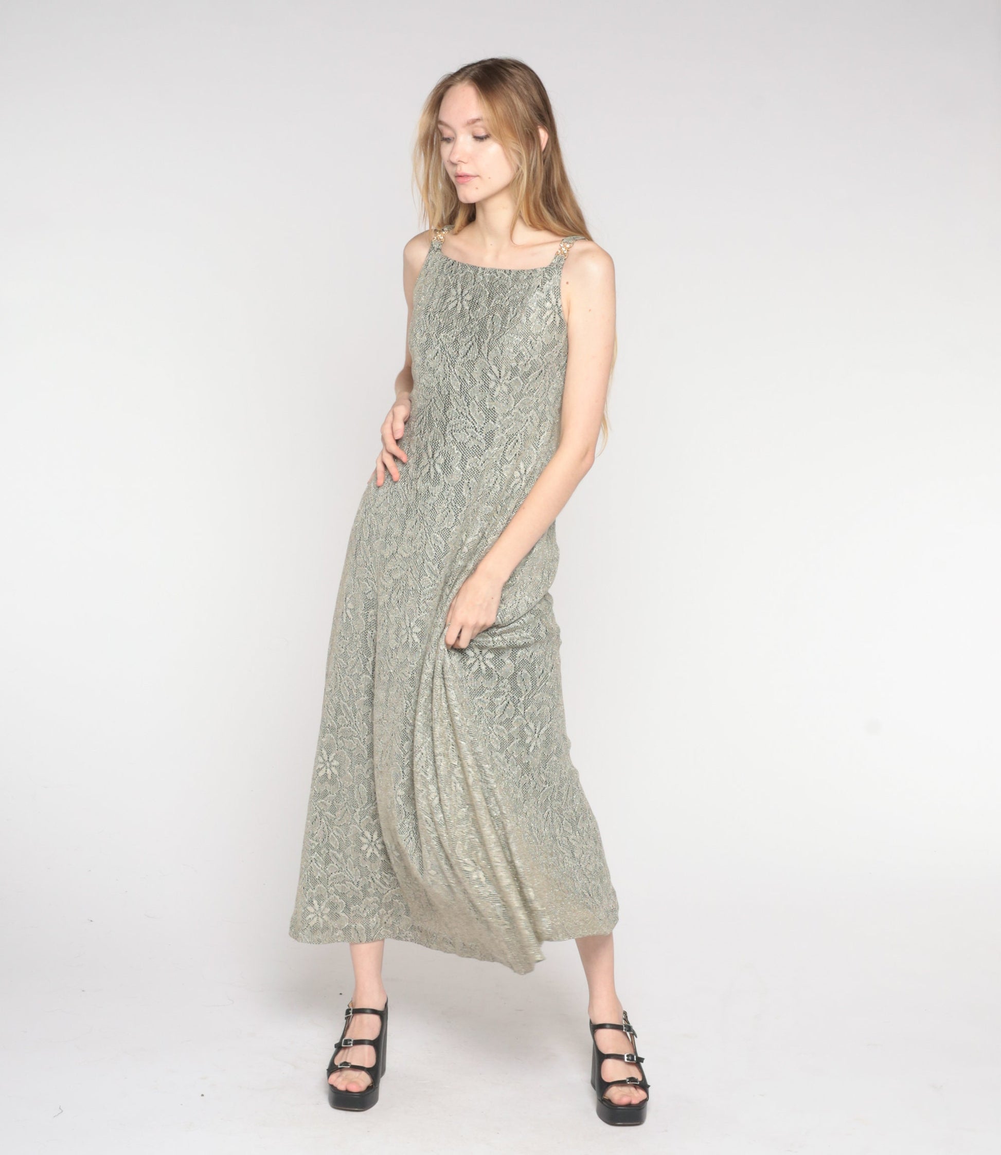 90s Metallic Floral Lace Maxi Dress Sleeveless Column Gown Small