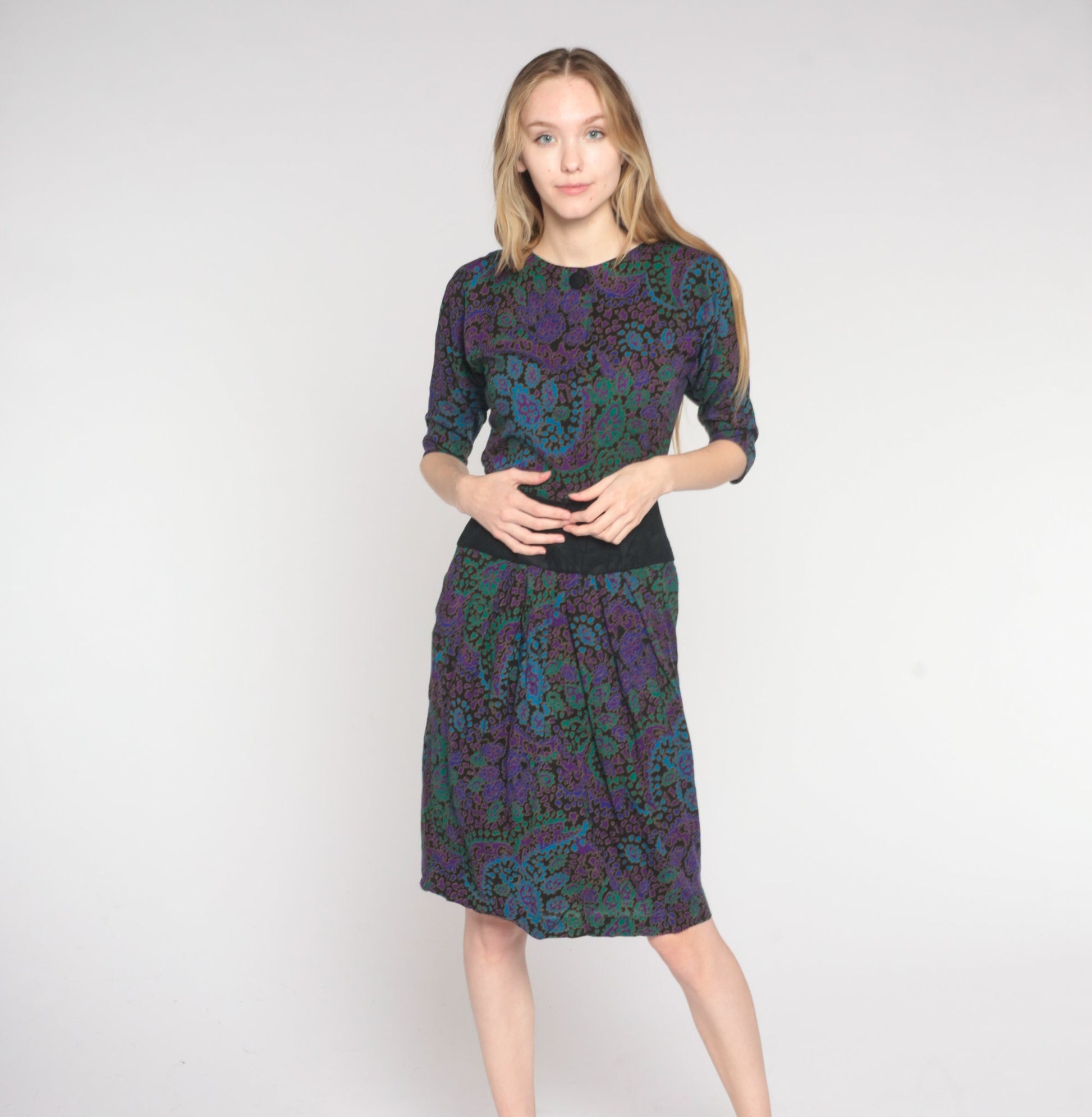80s Paisley Shift Dress Black Purple Green Blue High Waist Knee Length Extra Small