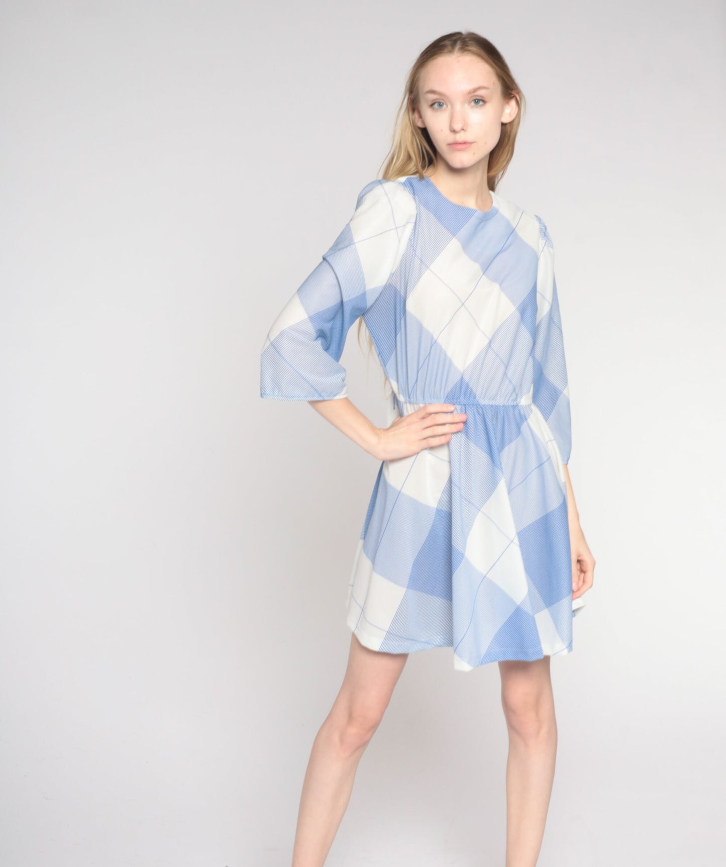 70s Blue White Checkered Mini Dress Puff Sleeve A-Line High Waist Medium Large
