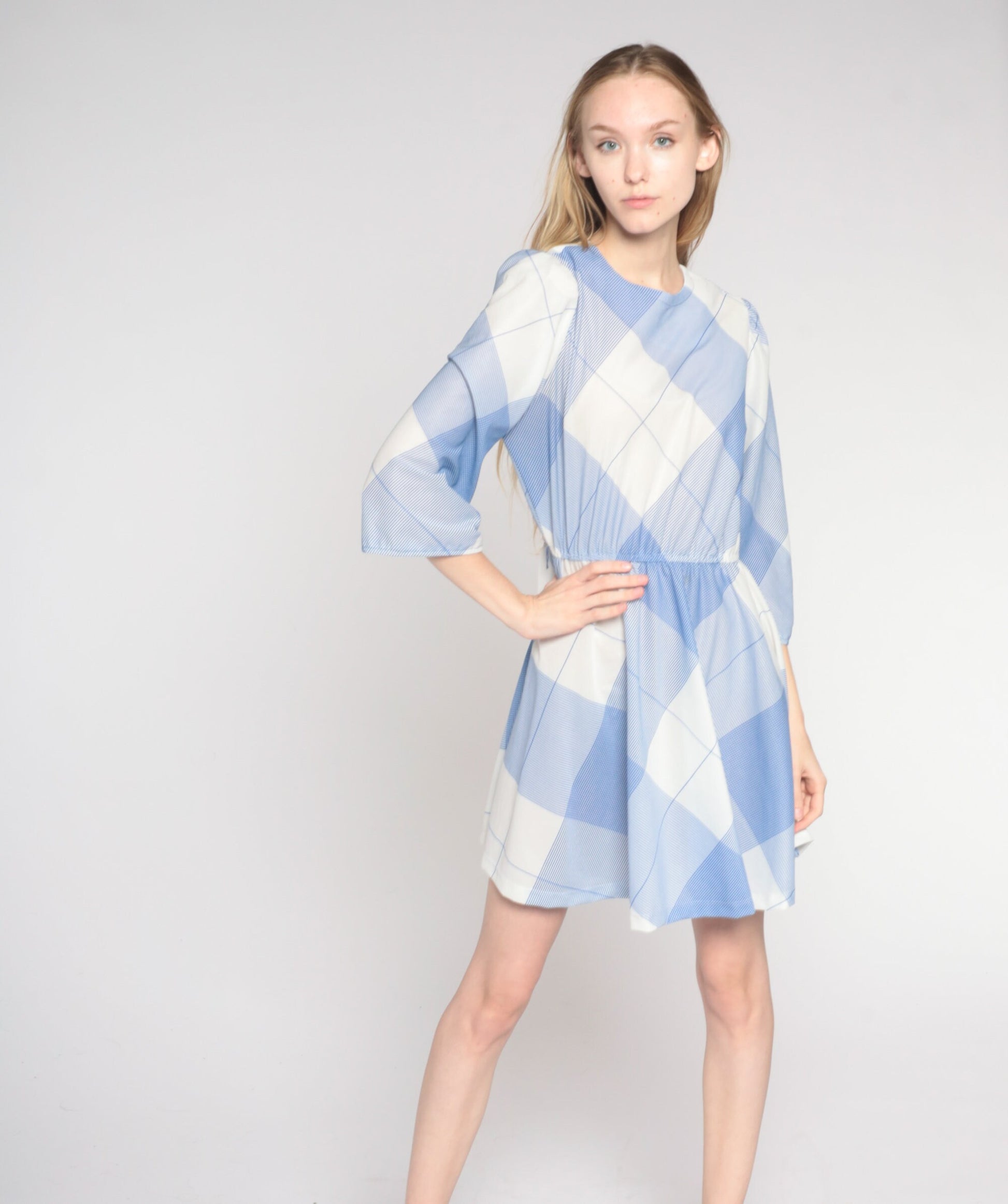 70s Blue White Checkered Mini Dress Puff Sleeve A-Line High Waist Medium Large