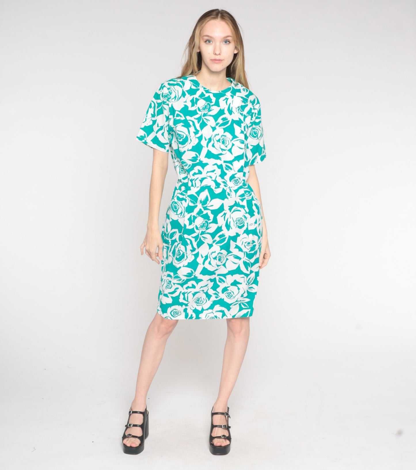90s Green Rose Floral Print Dress Knee Length Button Wrap Pencil Medium M