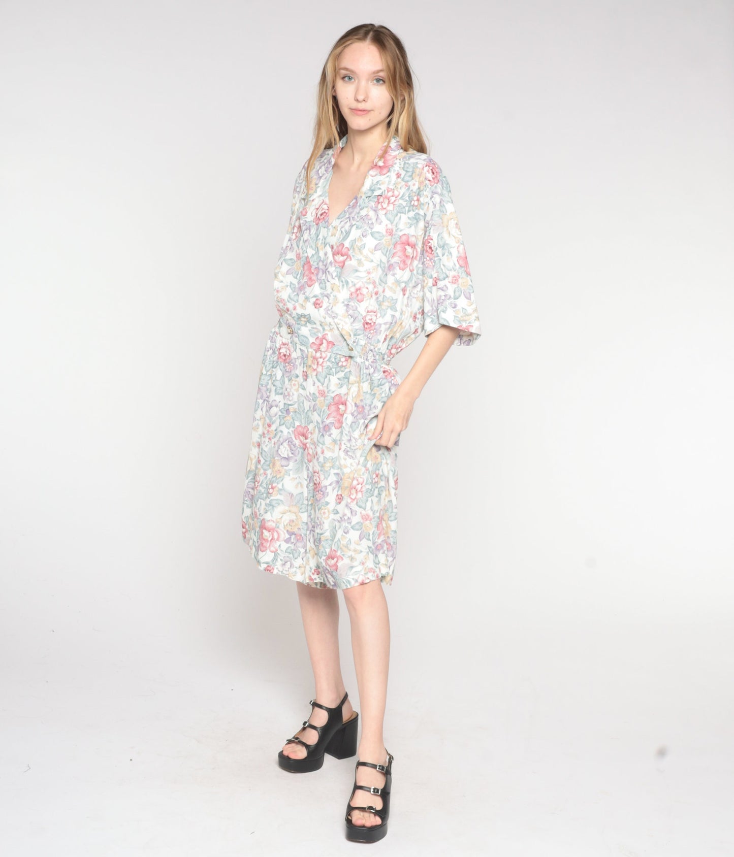 80s Floral Romper High Waisted Knee Length Wide Leg Collared Jumpsuit Extra Large