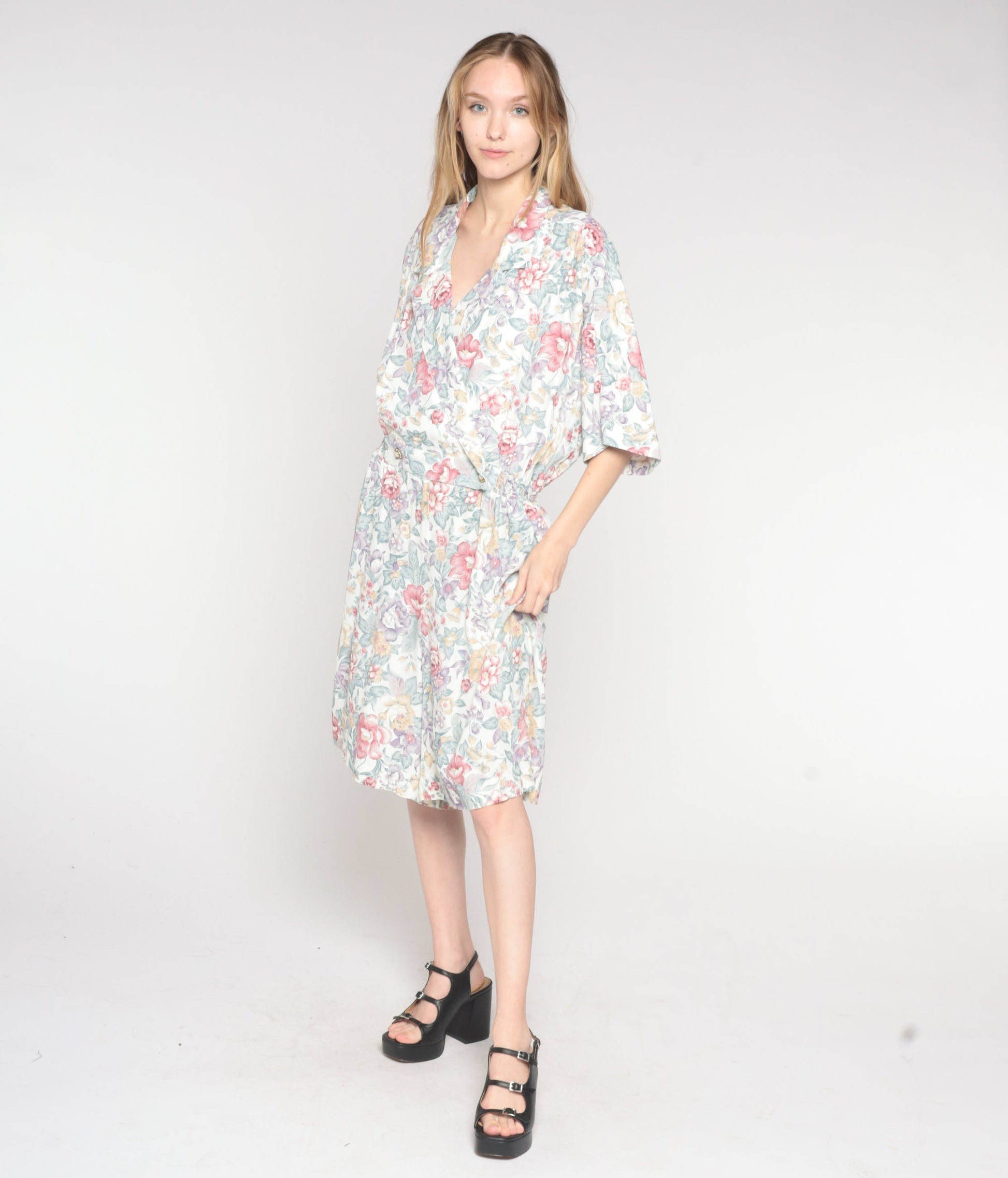 80s Floral Romper High Waisted Knee Length Wide Leg Collared Jumpsuit Extra Large