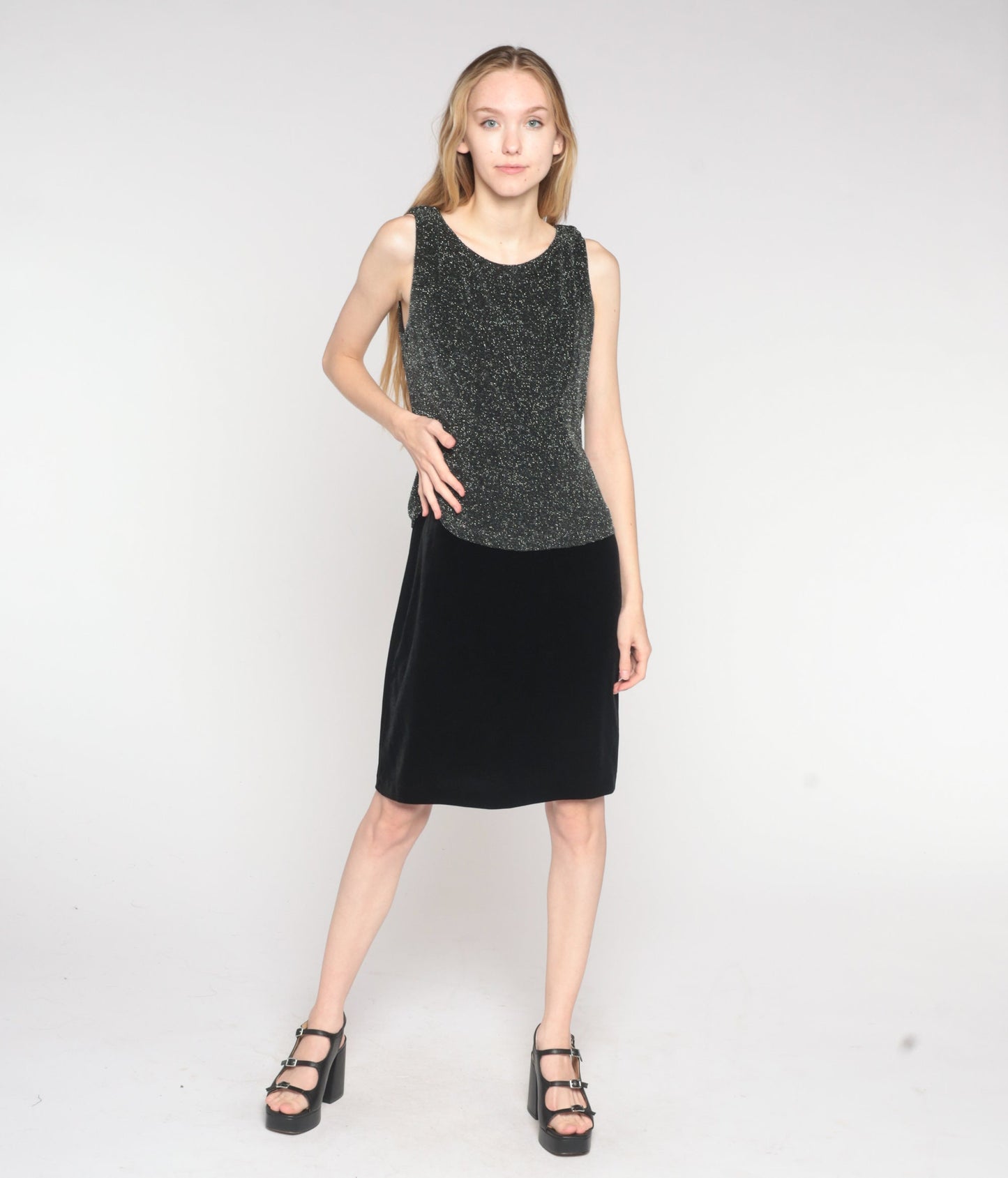 Y2K Metallic Silver Black Mini Shift Dress Sleeveless 00s Cocktail Medium 8