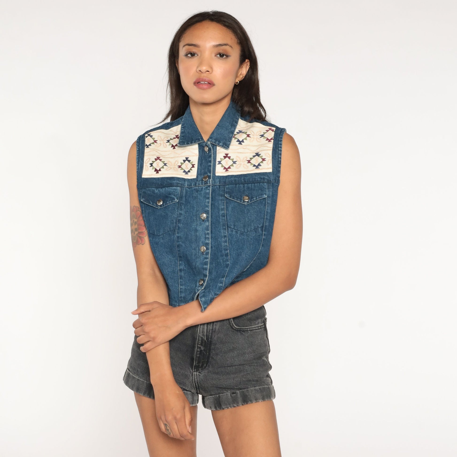 90s Southwestern Denim Vest Embroidered Blue Cotton Button Up Medium
