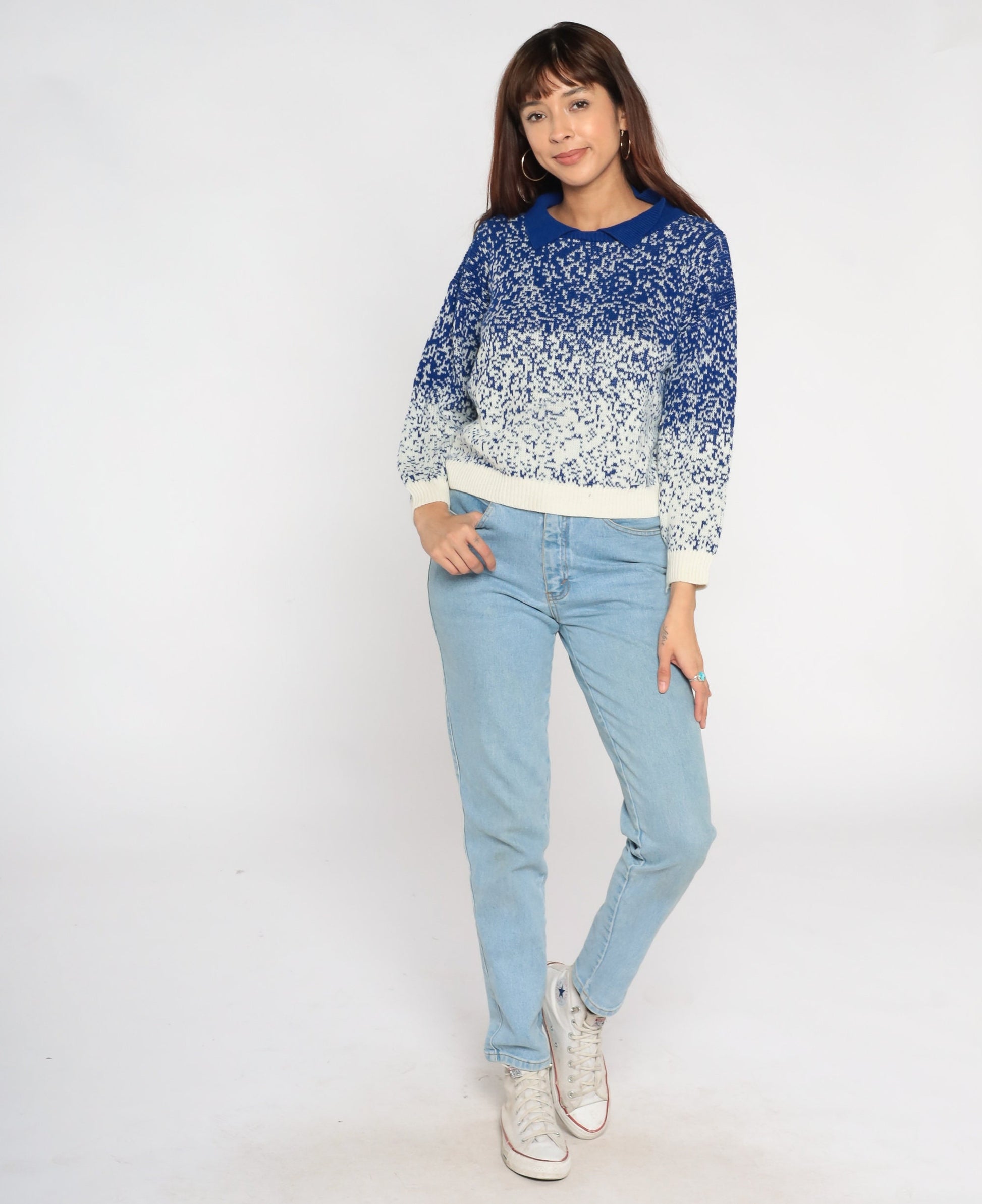 80s Blue White Gradient Knit Collared Sweater Polo Small S