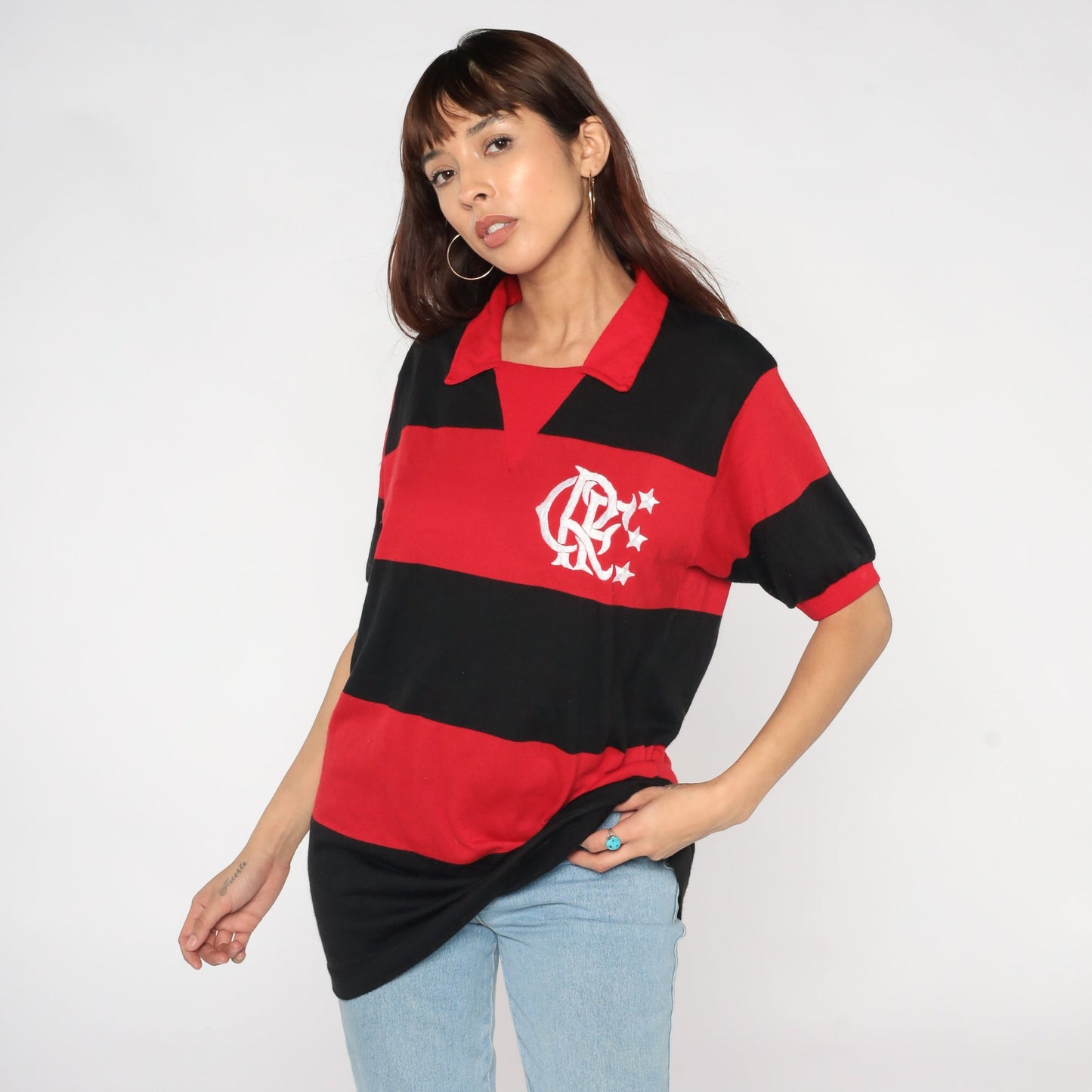 80s Clube de Regatas do Flamengo Polo Shirt Red Black Striped Medium M