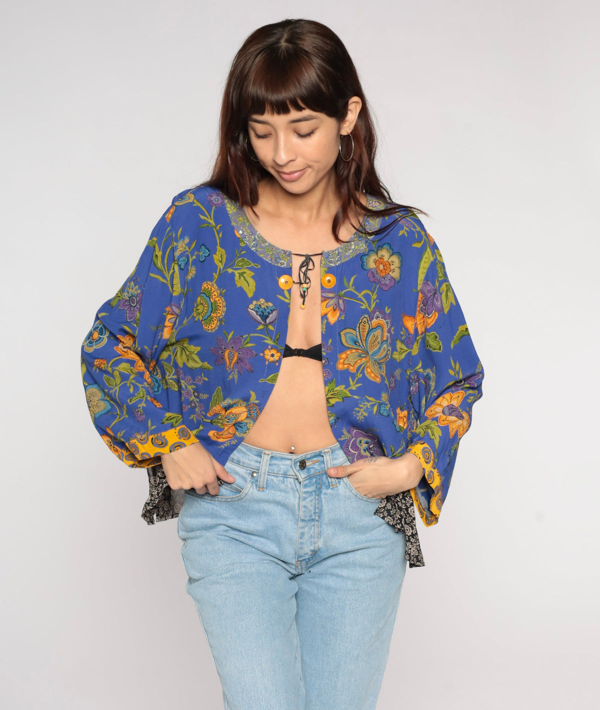 00s Blue Indian Floral Open-Front Jacket Long Sleeve Rayon Medium