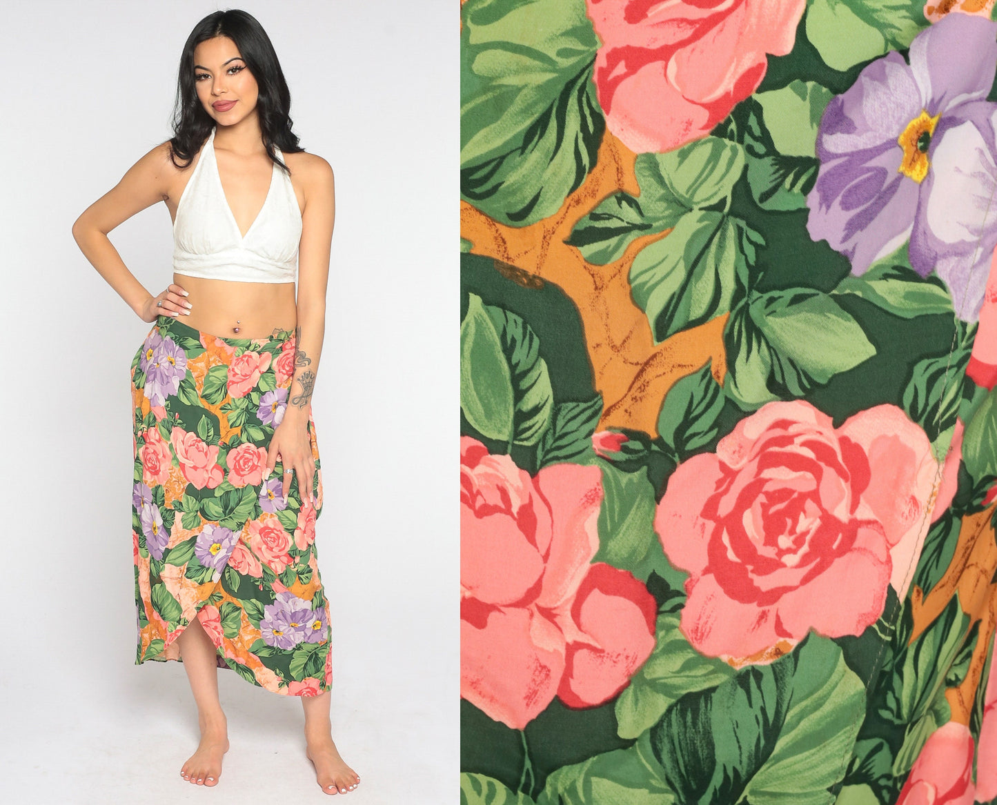 90s Floral Wrap Maxi Skirt Rayon Rose Pattern Small S