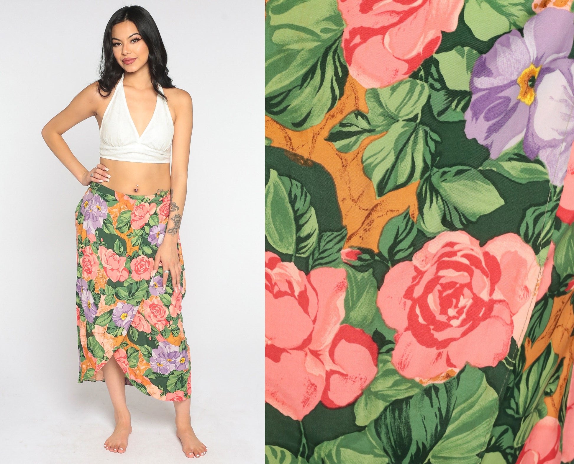 90s Floral Wrap Maxi Skirt Rayon Rose Pattern Small S