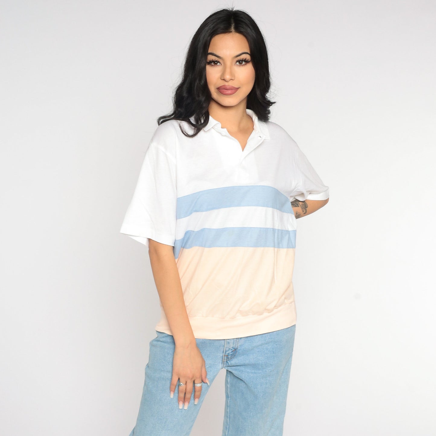 80s Striped Polo Shirt White Peach Blue Color Block Short Sleeve Medium Large