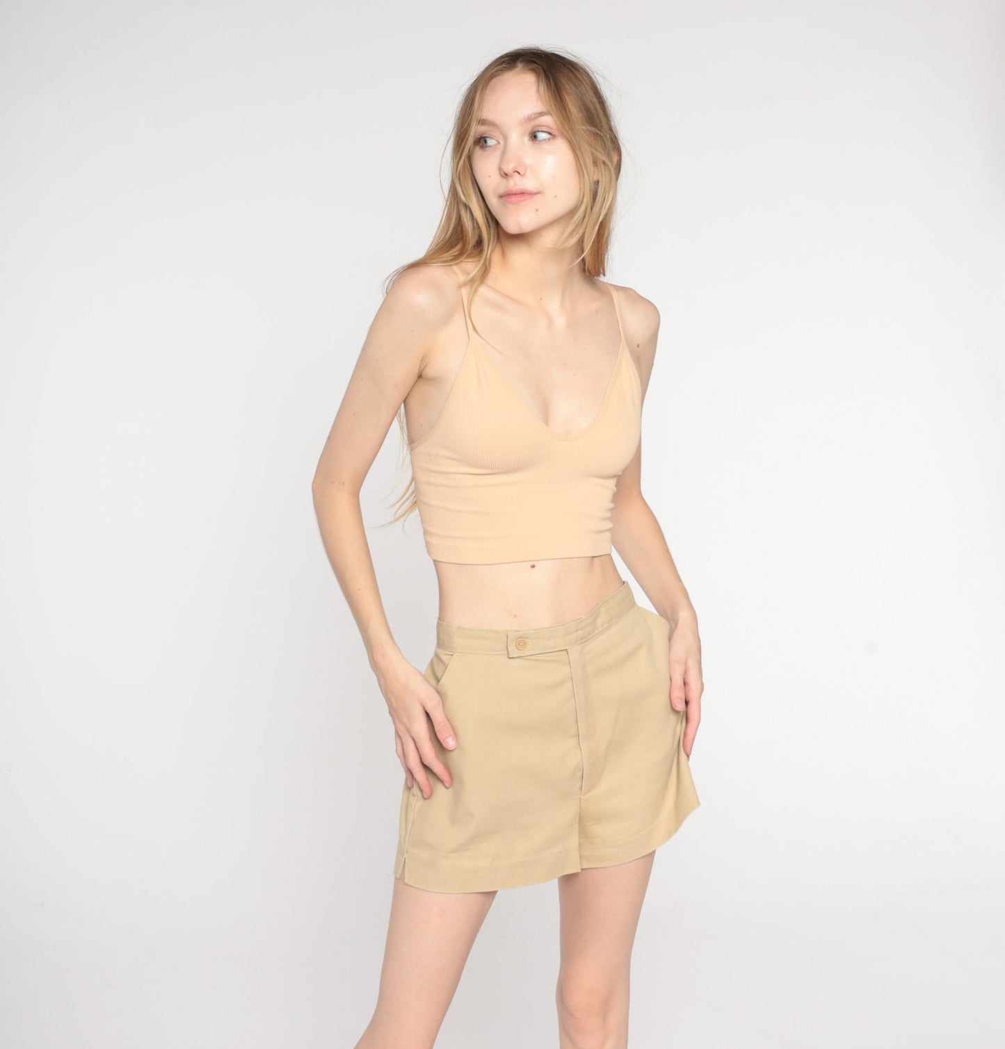 80s Khaki High-Waisted Shorts Cotton Blend Tan Trouser Extra Small