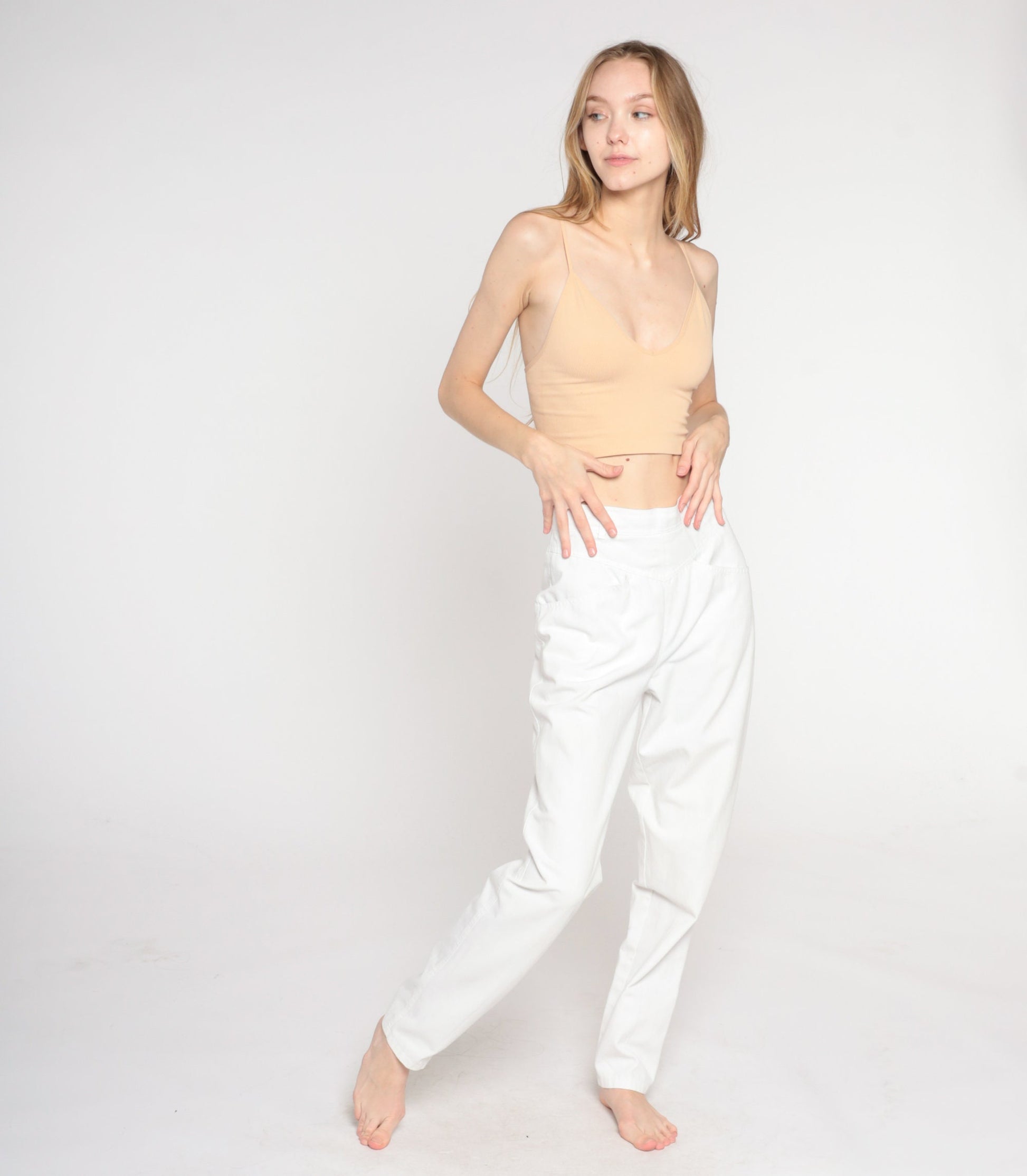 90s White High-Waisted Tapered Trousers Side Button Extra Small