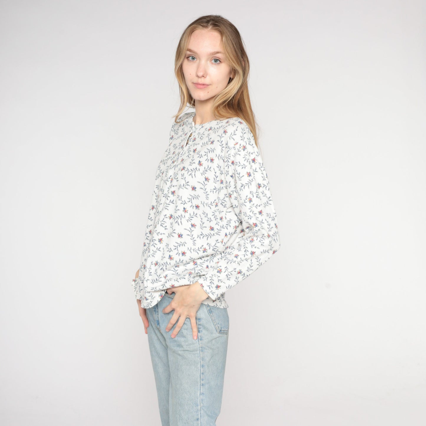 90s Floral Henley Long Sleeve Ribbed Shirt White Medium