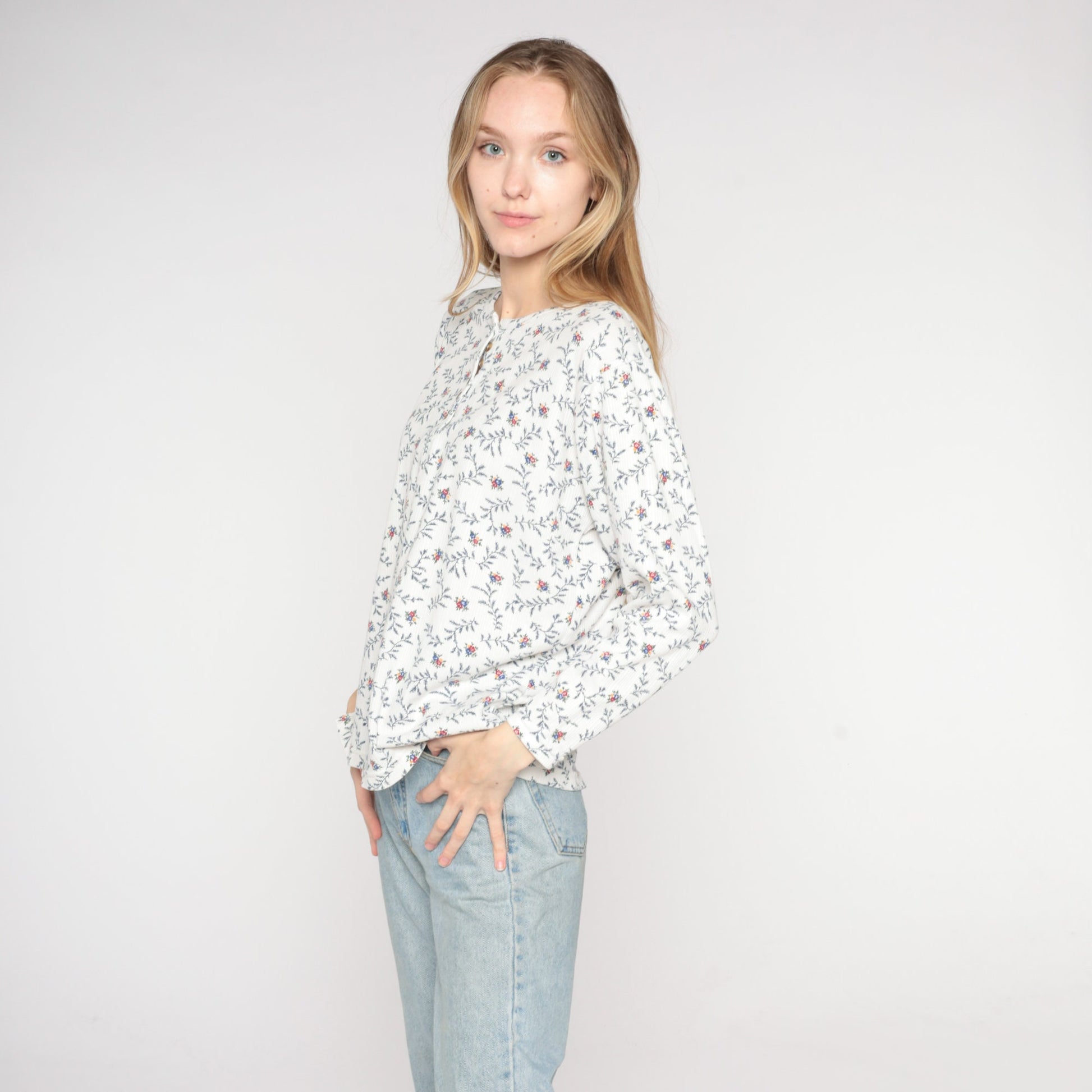 90s Floral Henley Long Sleeve Ribbed Shirt White Medium