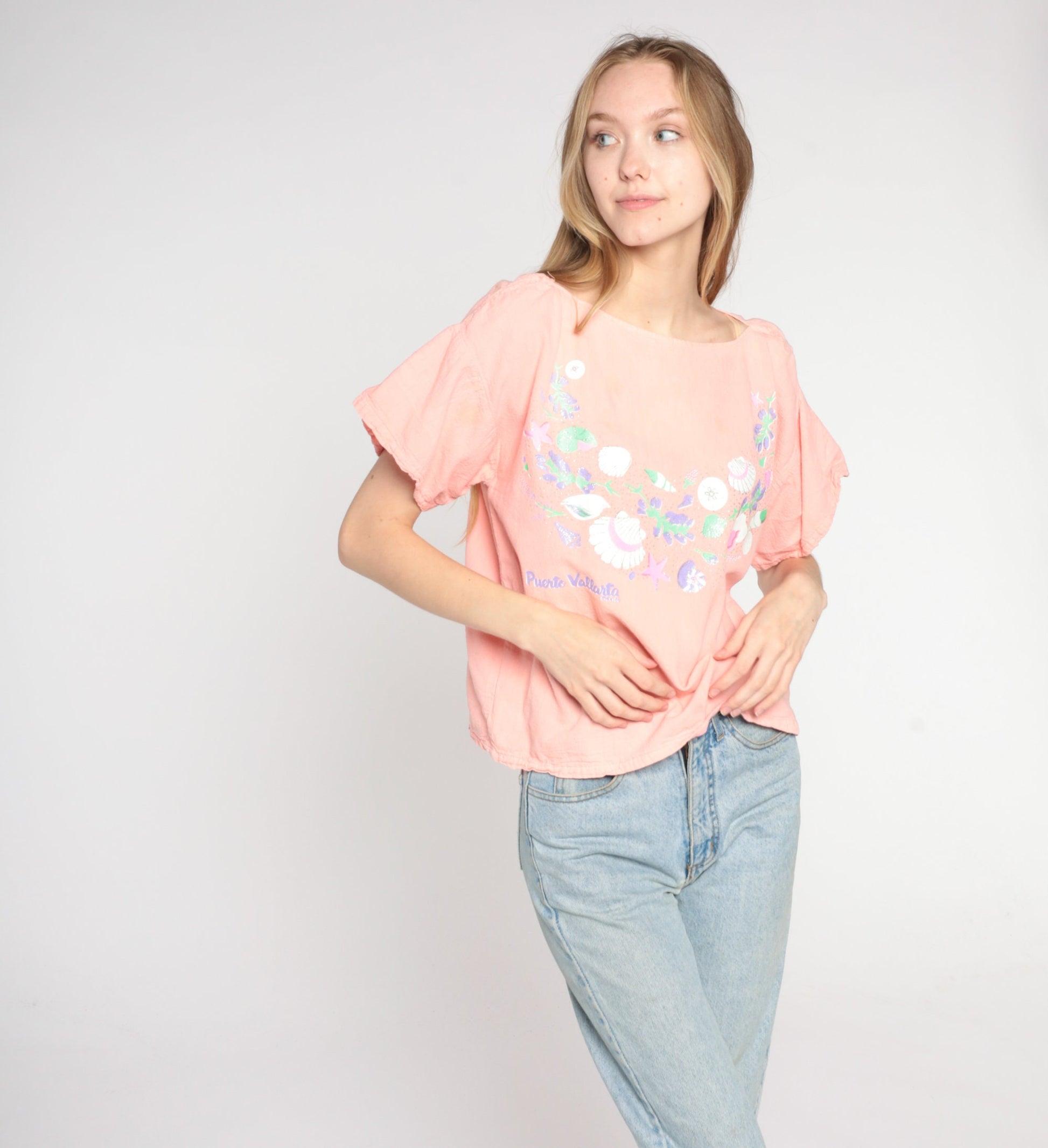 90s Puerto Vallarta Seashell Flower Print Pink Shirt Medium Large