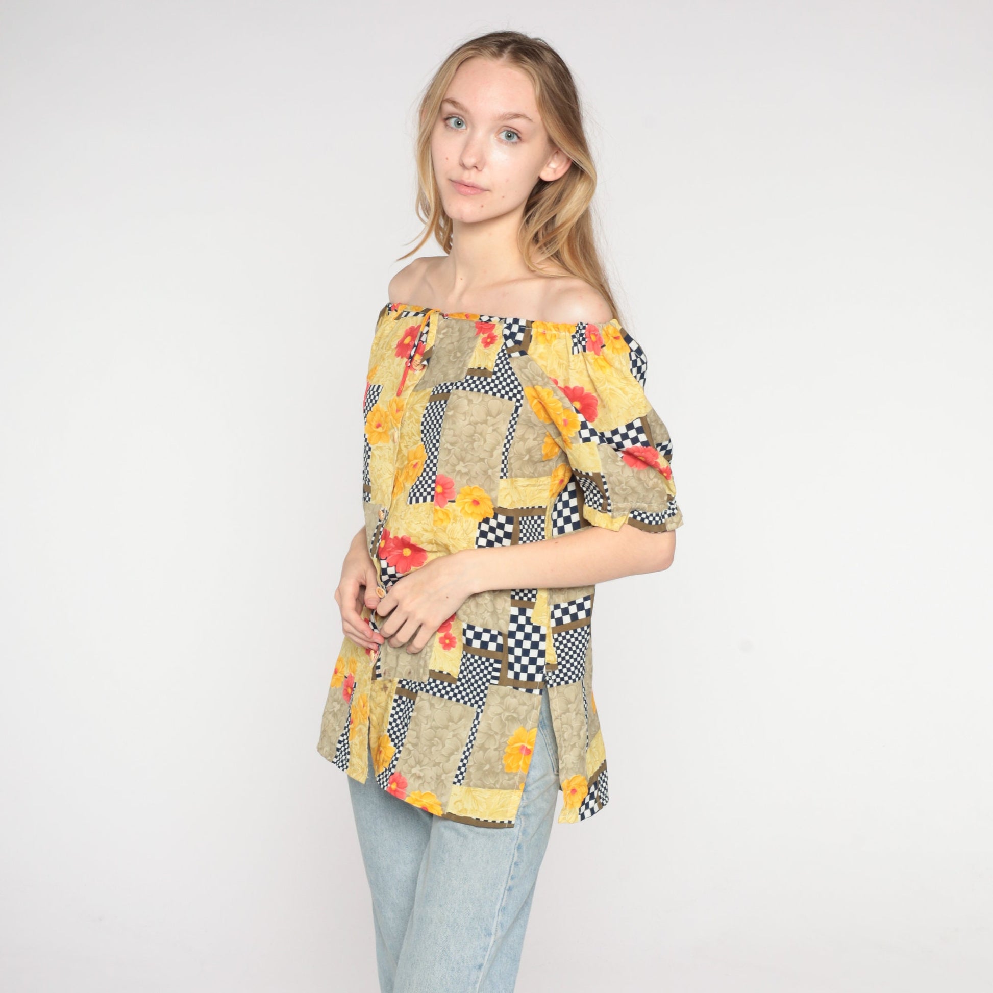 90s Floral Checkered Puff Sleeve Blouse Off-Shoulder Button-Front Yellow Medium