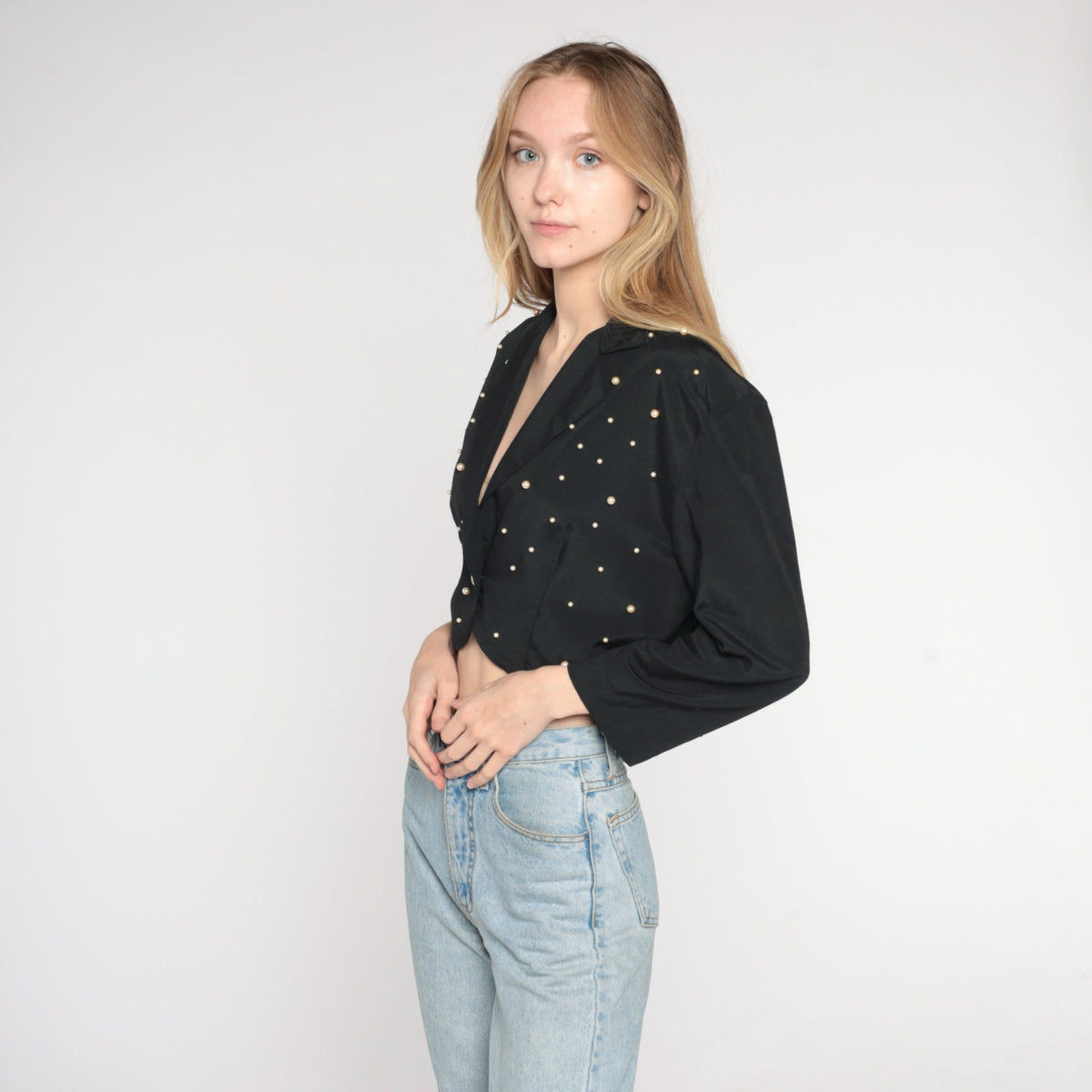 90s Black Cropped Blazer Pearl Beaded Single Button Jacket Medium