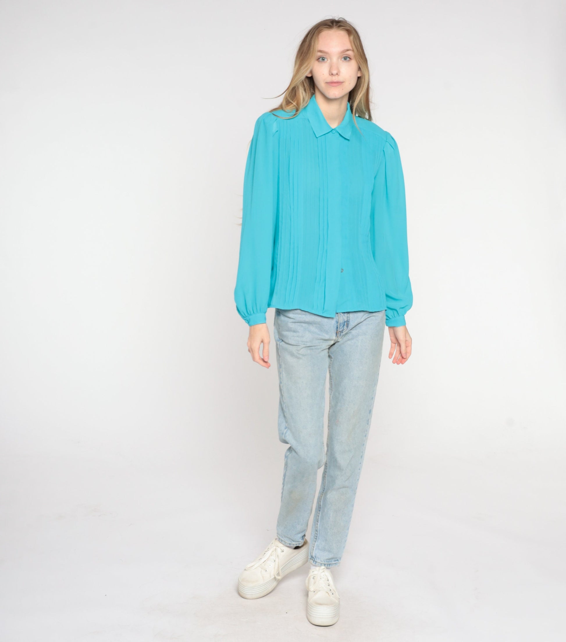 80s Blue Pleated Blouse Puff Sleeve Collared Button-Up Medium