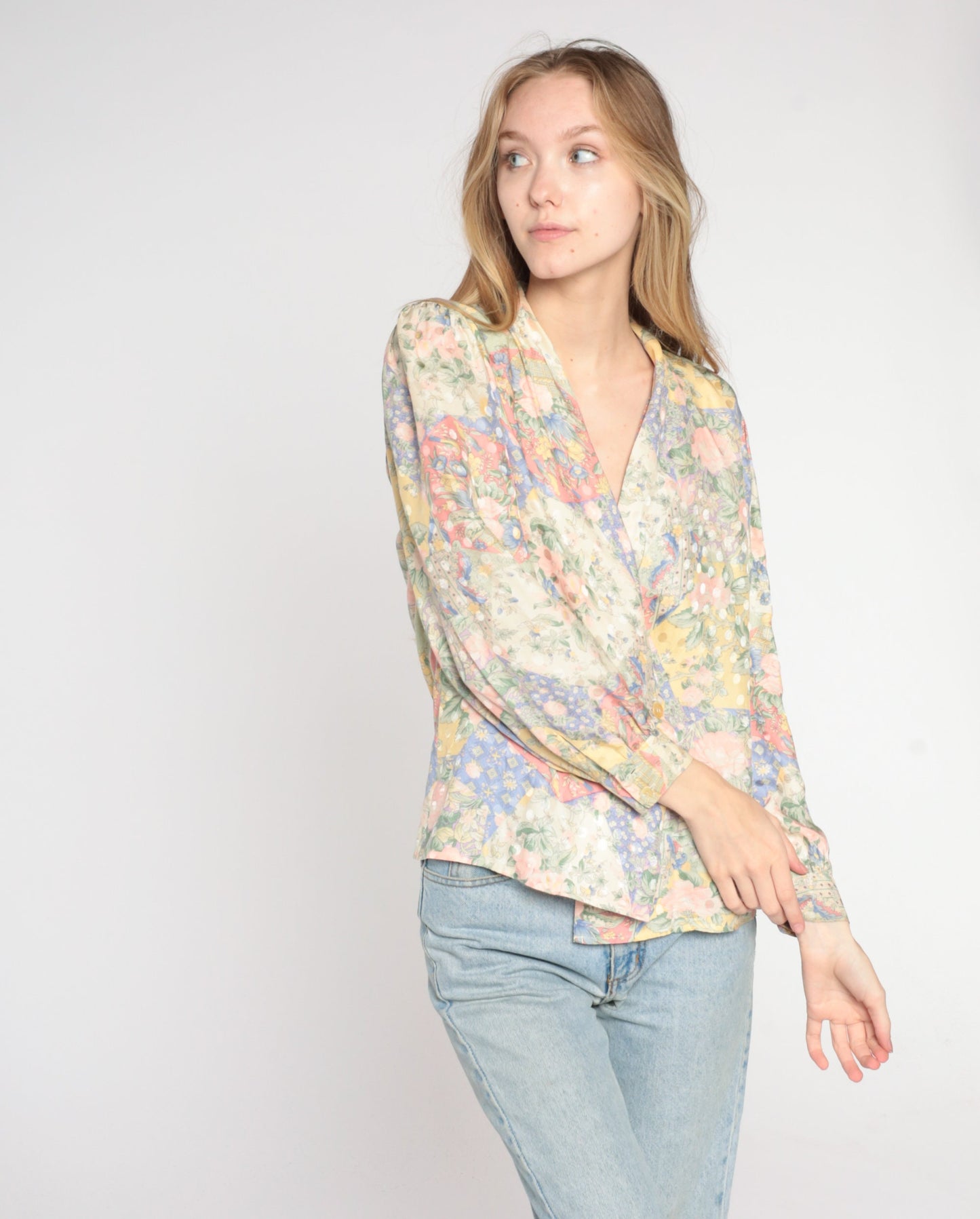 80s Floral Silk Wrap Blouse V-Neck Double Breasted Long Sleeve Small