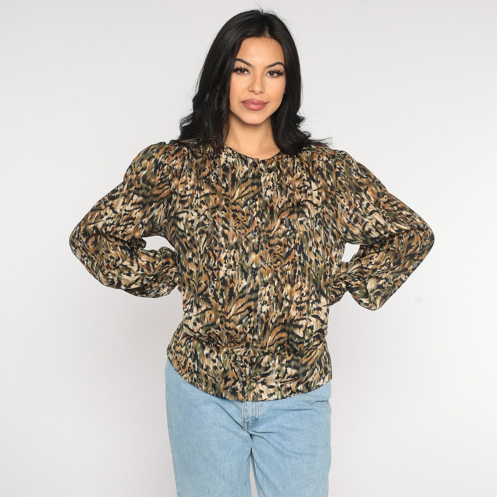 90s Animal Print Button-Up Blouse Tiger Leopard Stripe Long Sleeve Large
