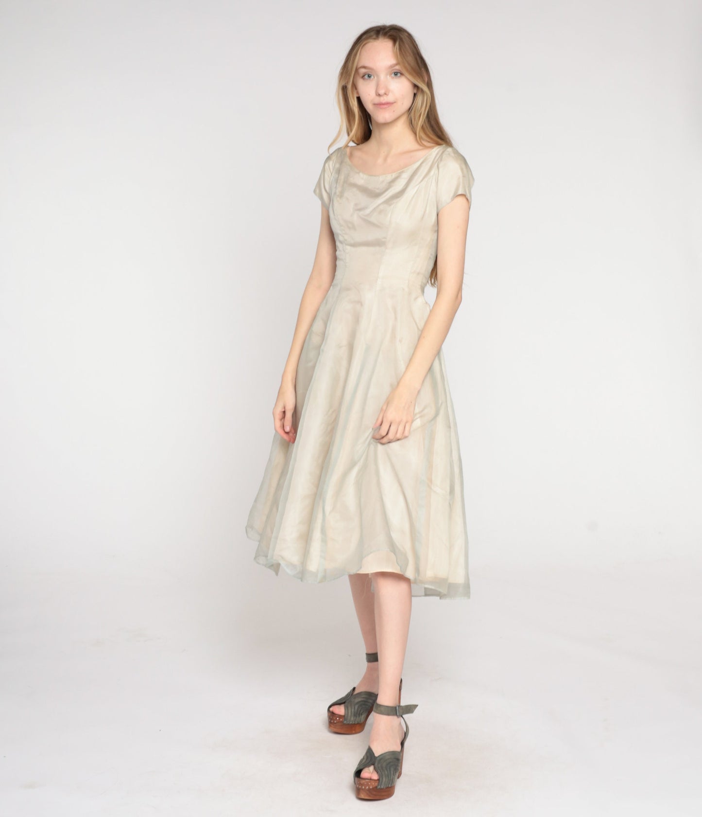 1950s Taupe Organza Midi Dress Cap Sleeve High Waist Full Skirt Extra Small