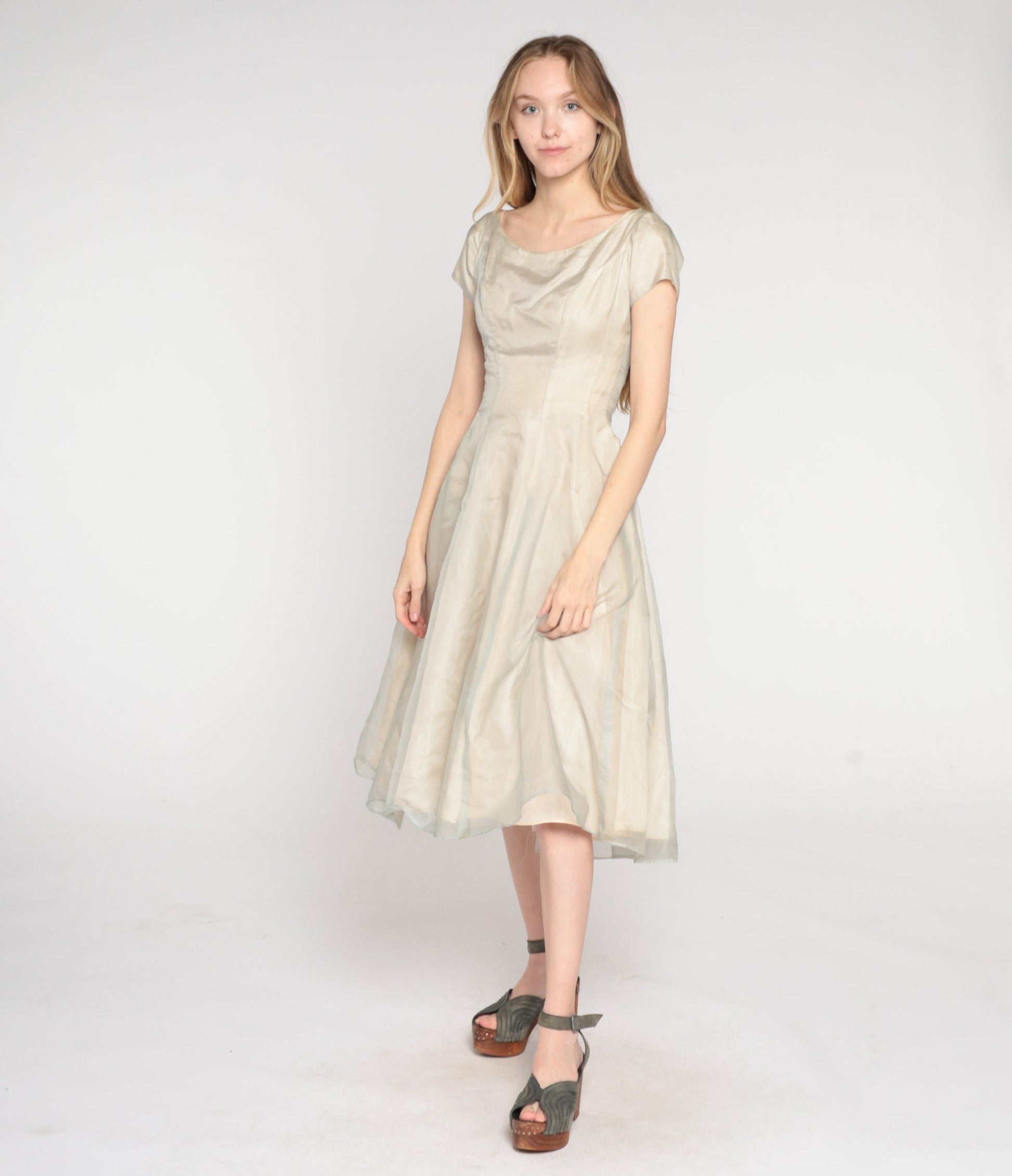 1950s Taupe Organza Midi Dress Cap Sleeve High Waist Full Skirt Extra Small