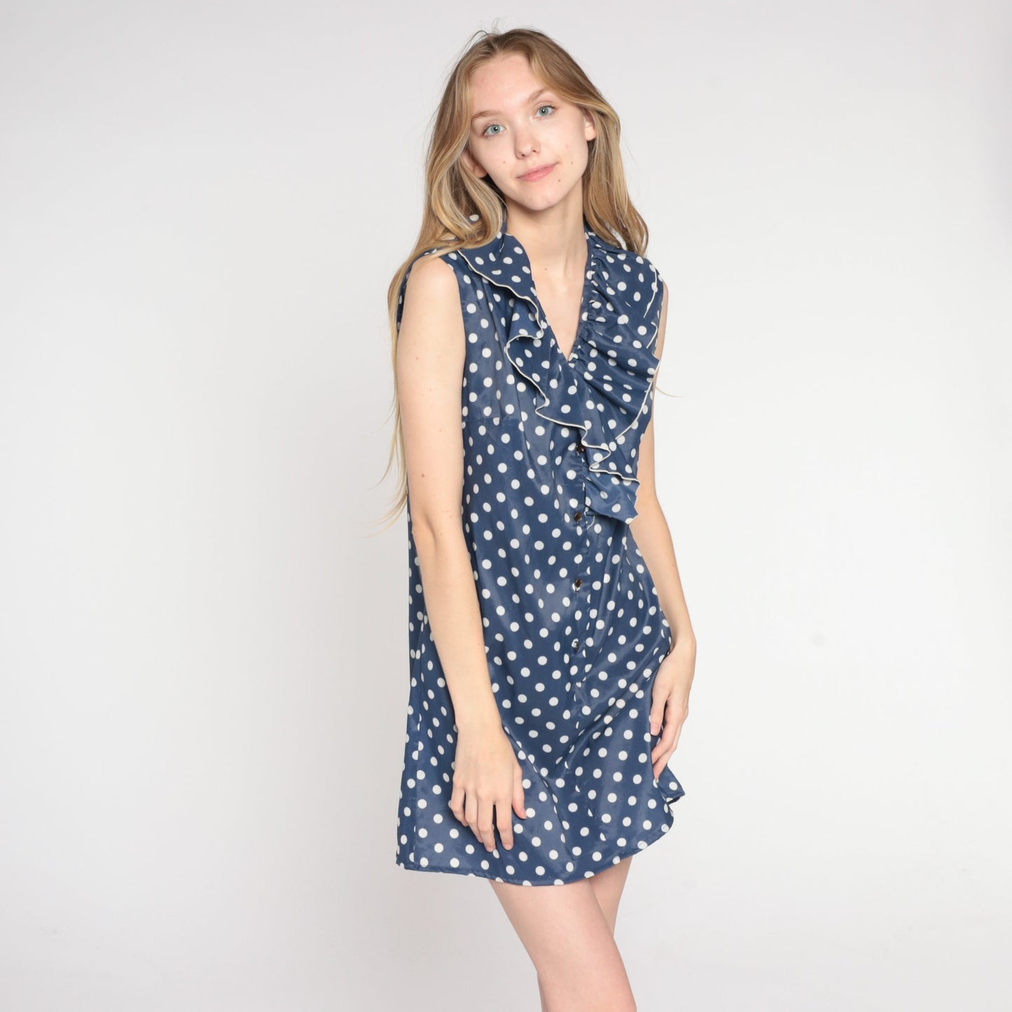 70s Navy Polka Dot Mini Shift Dress Ruffled Collar Sleeveless Small