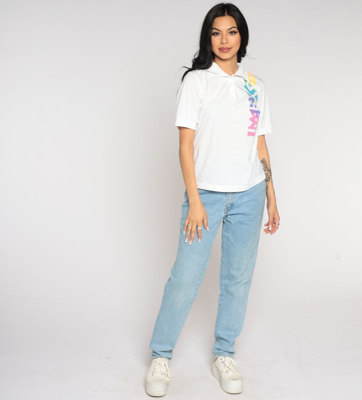 80s White Neon Geometric Polo Shirt Half Button Collared Small