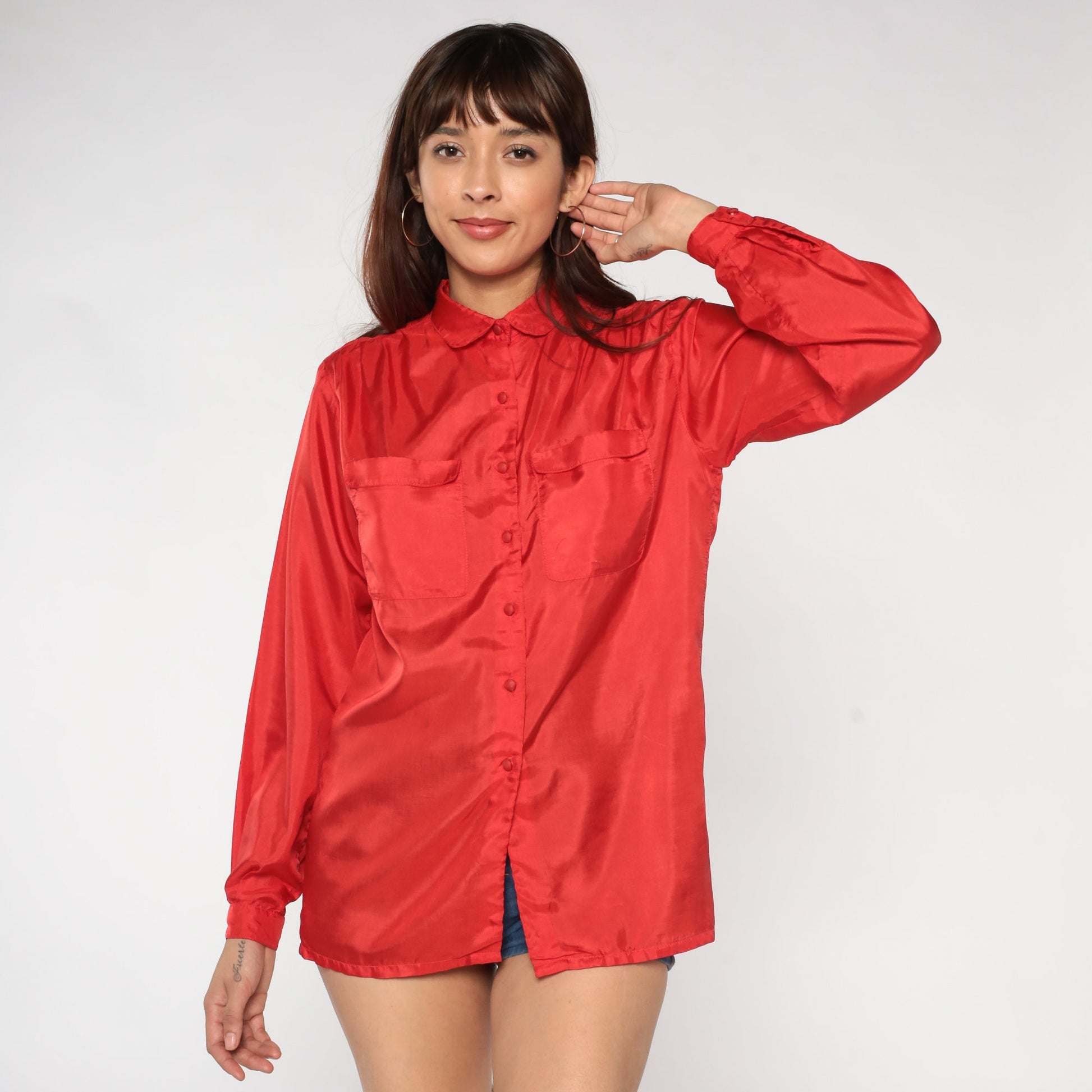80s Red Button-Up Blouse Rounded Collar Long Sleeve Shirt Medium