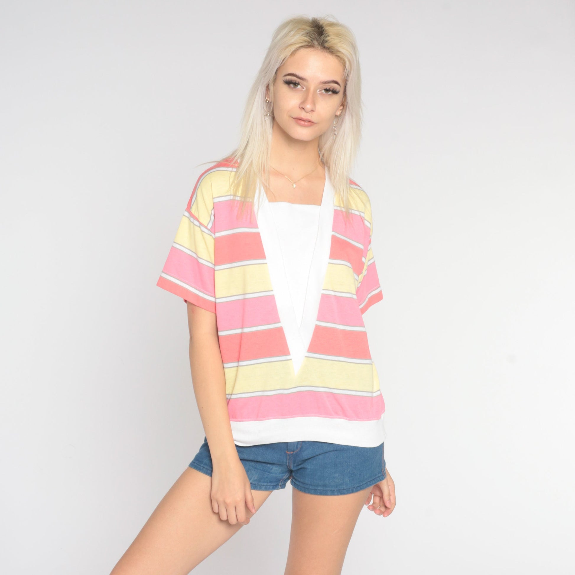 80s Striped Short Sleeve Shirt White Pink Yellow Panel Medium