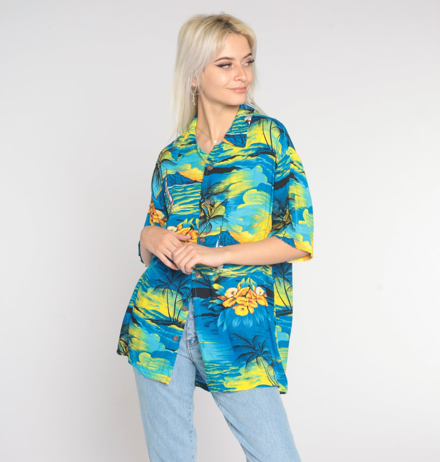 Y2K Tropical Sailboat Hawaiian Shirt Blue Palm Tree Button Up Extra Large