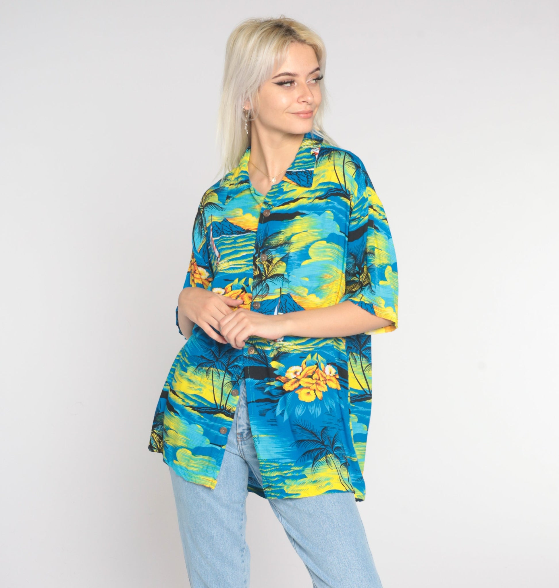 Y2K Tropical Sailboat Hawaiian Shirt Blue Palm Tree Button Up Extra Large
