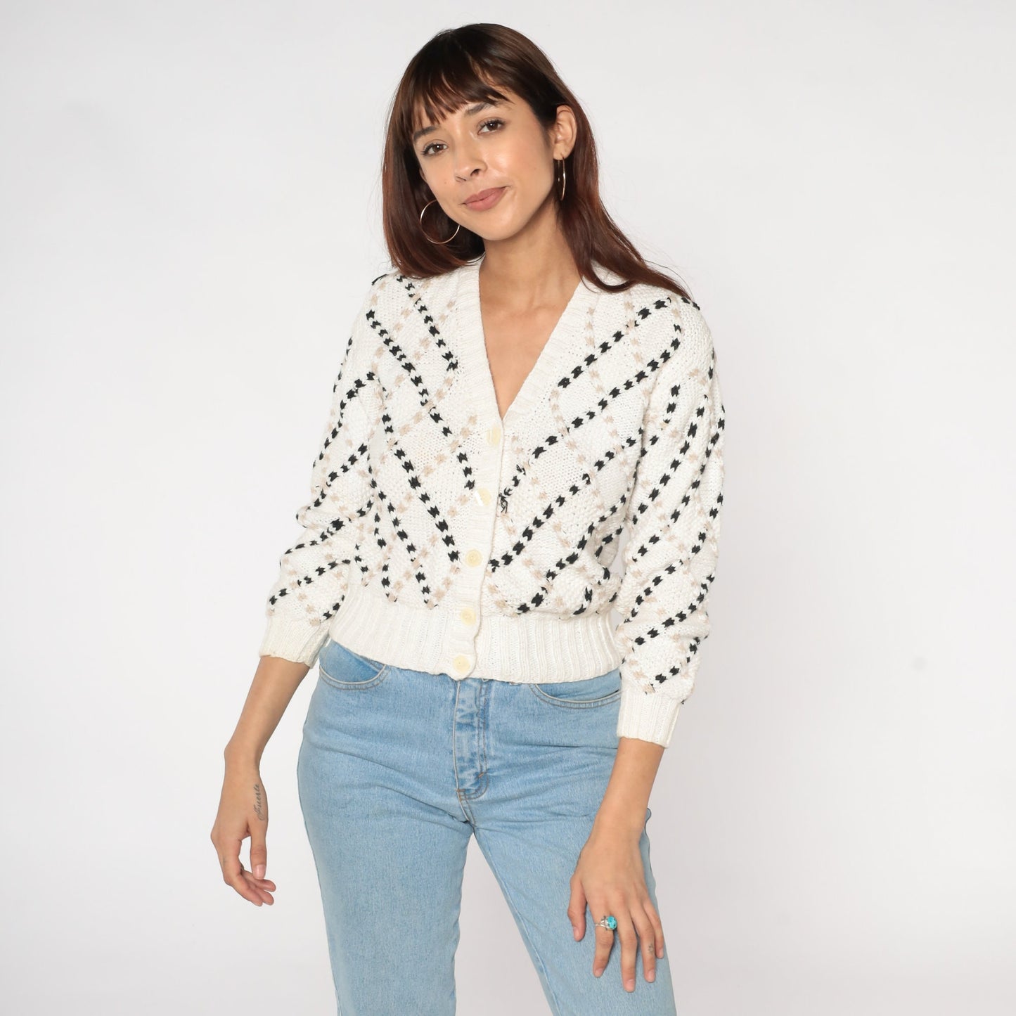 80s White Cardigan Sweater Diamond Textured Knit Black Tan Medium M