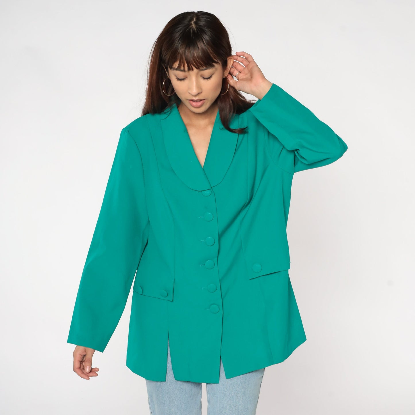90s Green Blazer Button-Up Jacket Rounded Collar Office Wear Large L