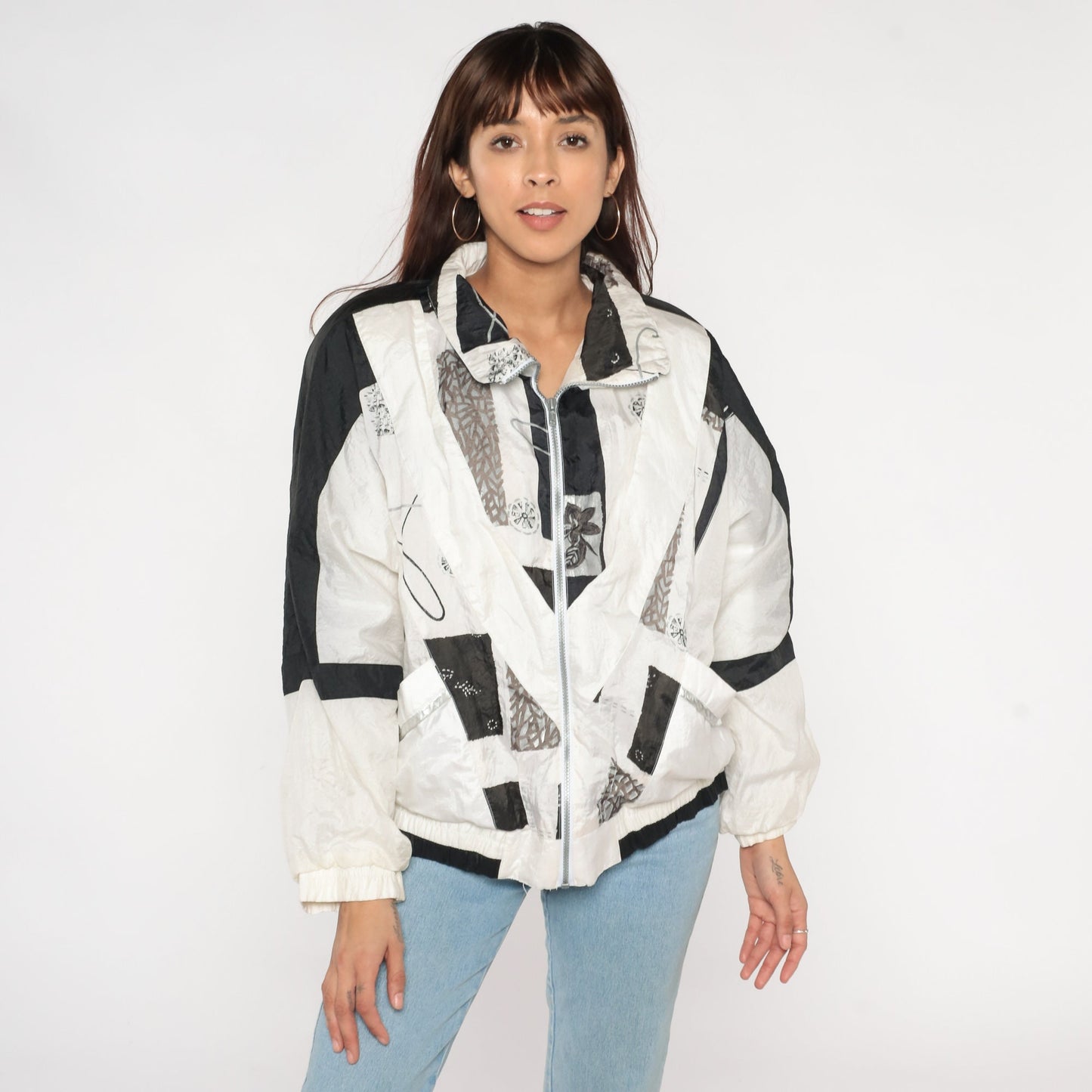 90s Abstract Floral Windbreaker Black White Nylon Zip Jacket Large L
