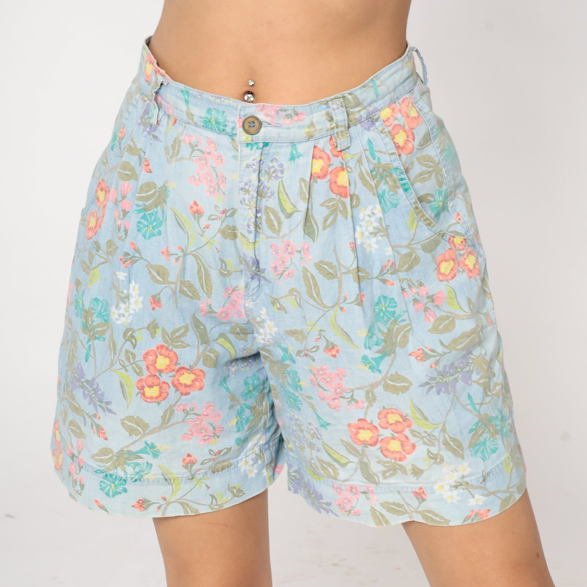 90s Liz Claiborne Floral Denim Shorts High Waist Pleated Blue Cotton Medium
