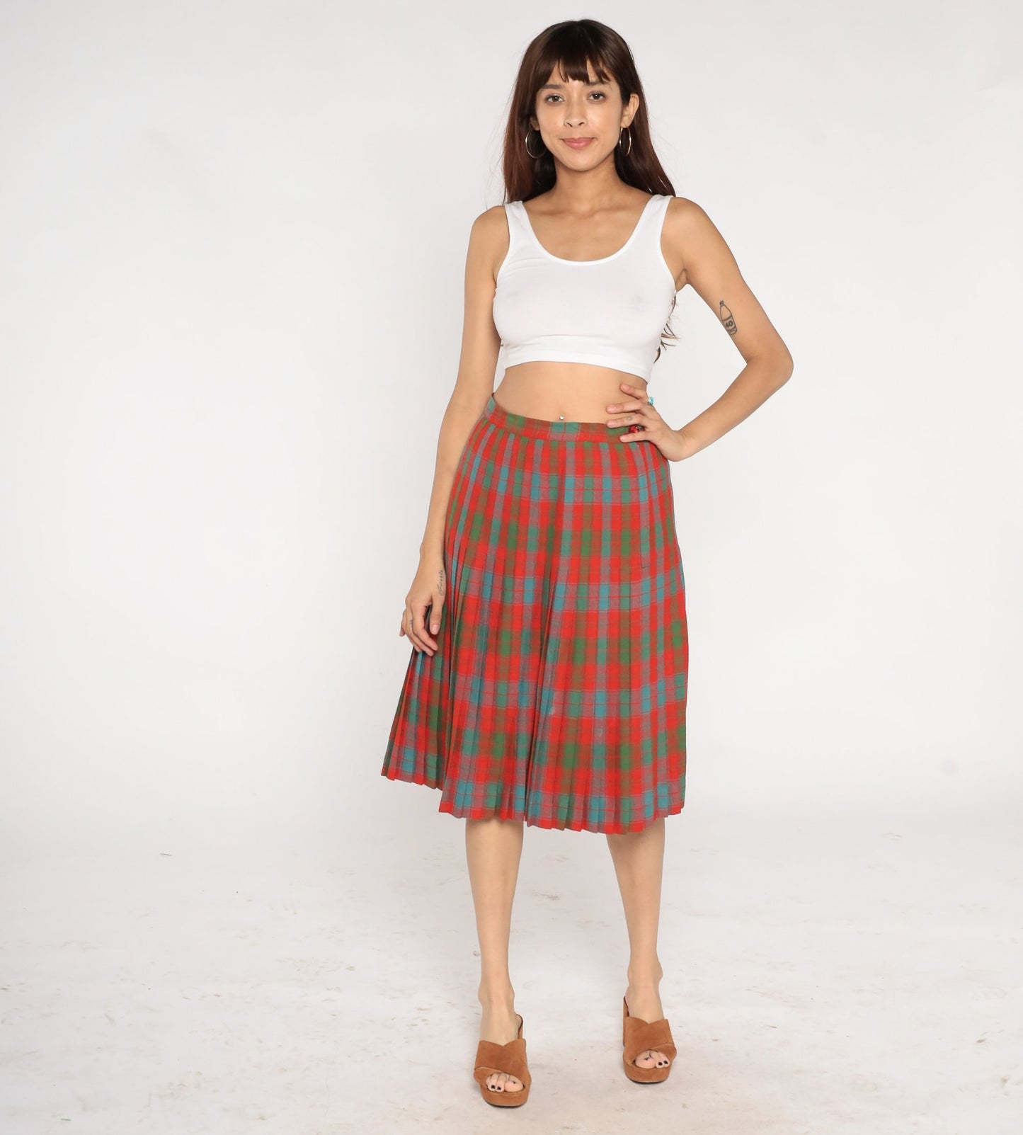 60s Plaid Wool Midi Skirt High Waist Pleated Tartan Red Blue Green Medium