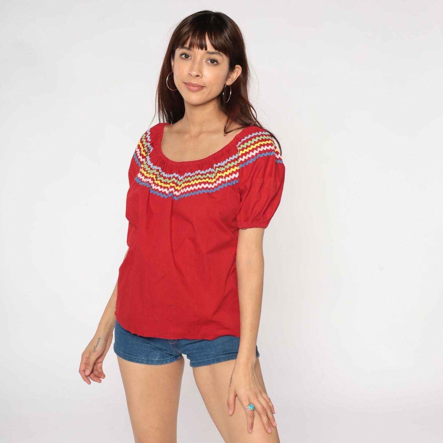 90s Red Peasant Blouse Puff Sleeve Ric-Rac Trim Cotton Top Medium Large