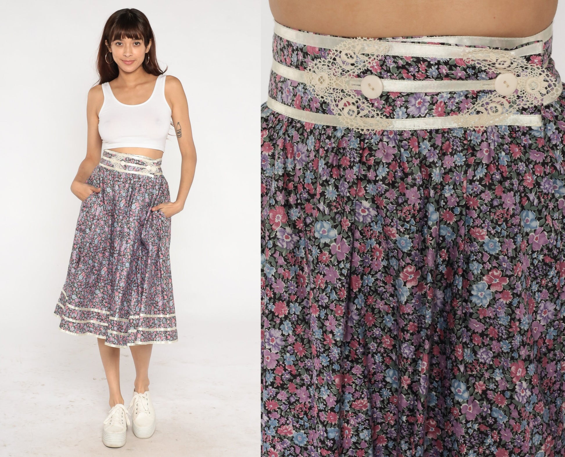 70s Gunne Sax Floral Midi Skirt Black Calico Lace Cotton Small