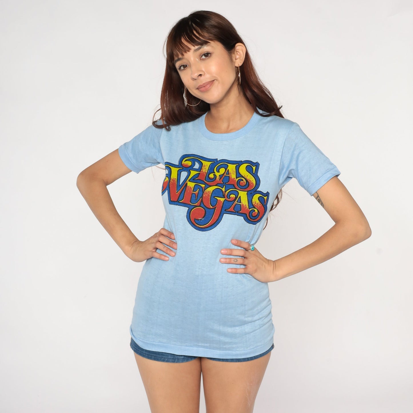 80s Las Vegas Graphic T-Shirt Baby Blue Single Stitch Cotton Small