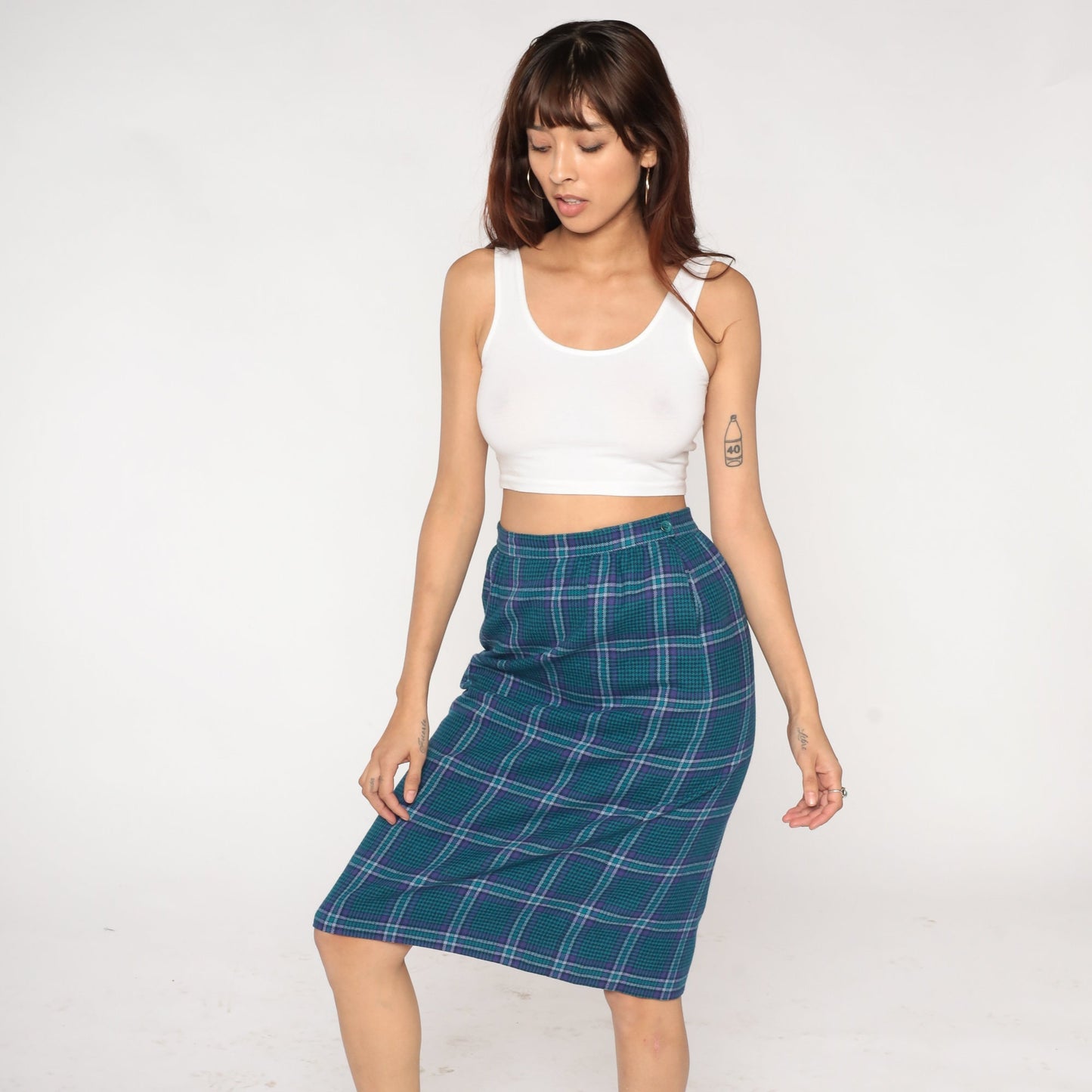 Pendleton Wool Plaid Midi Skirt 80s Blue High Waist Pencil Medium