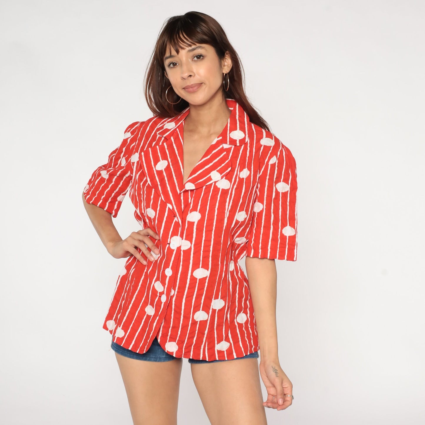 80s Red Striped Polka Dot Cotton Button-Up Blouse Short Sleeve Notched Collar Large L