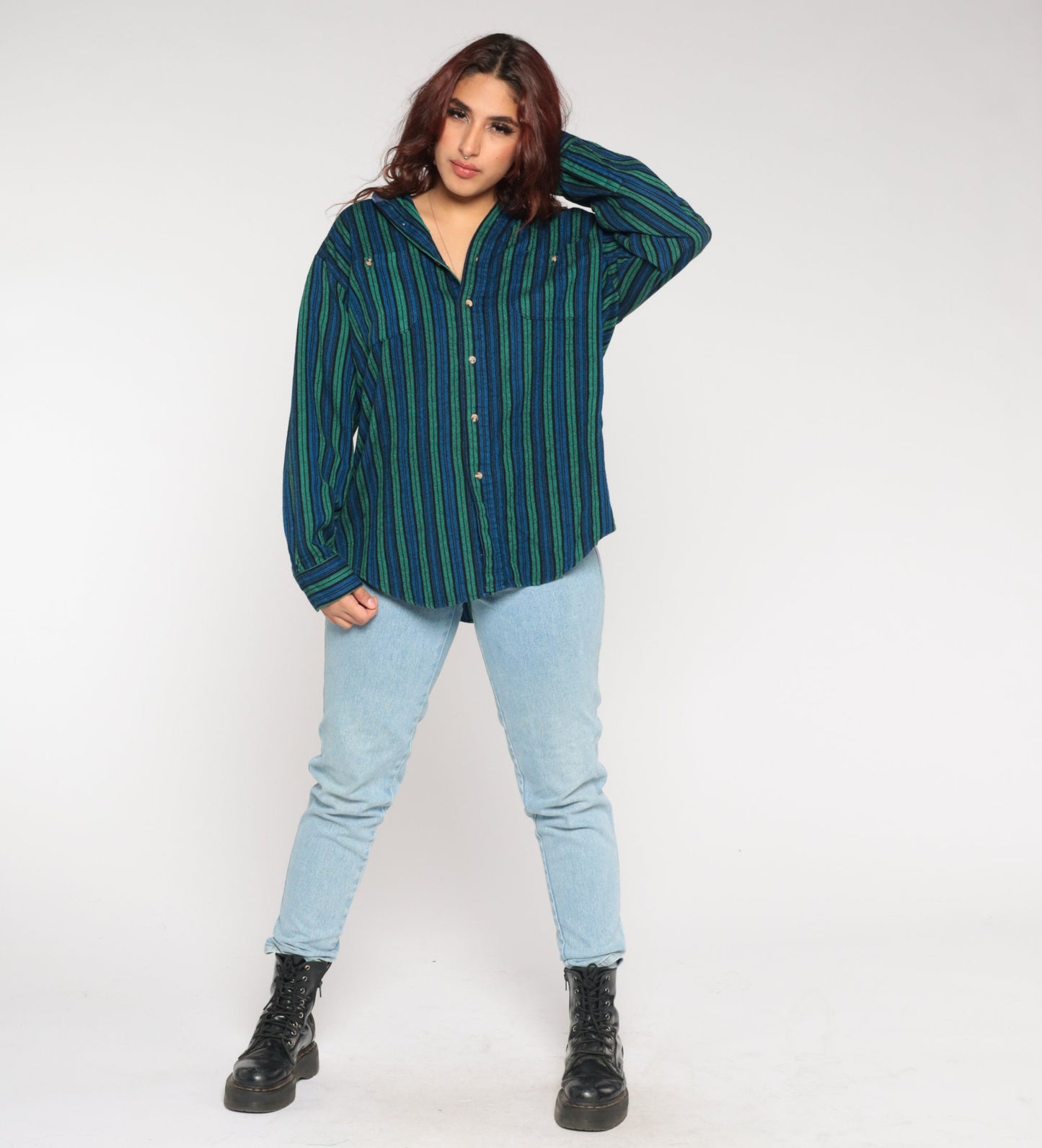 90s Woven Striped Button-Up Shirt Blue Green Long Sleeve Collared Extra Large