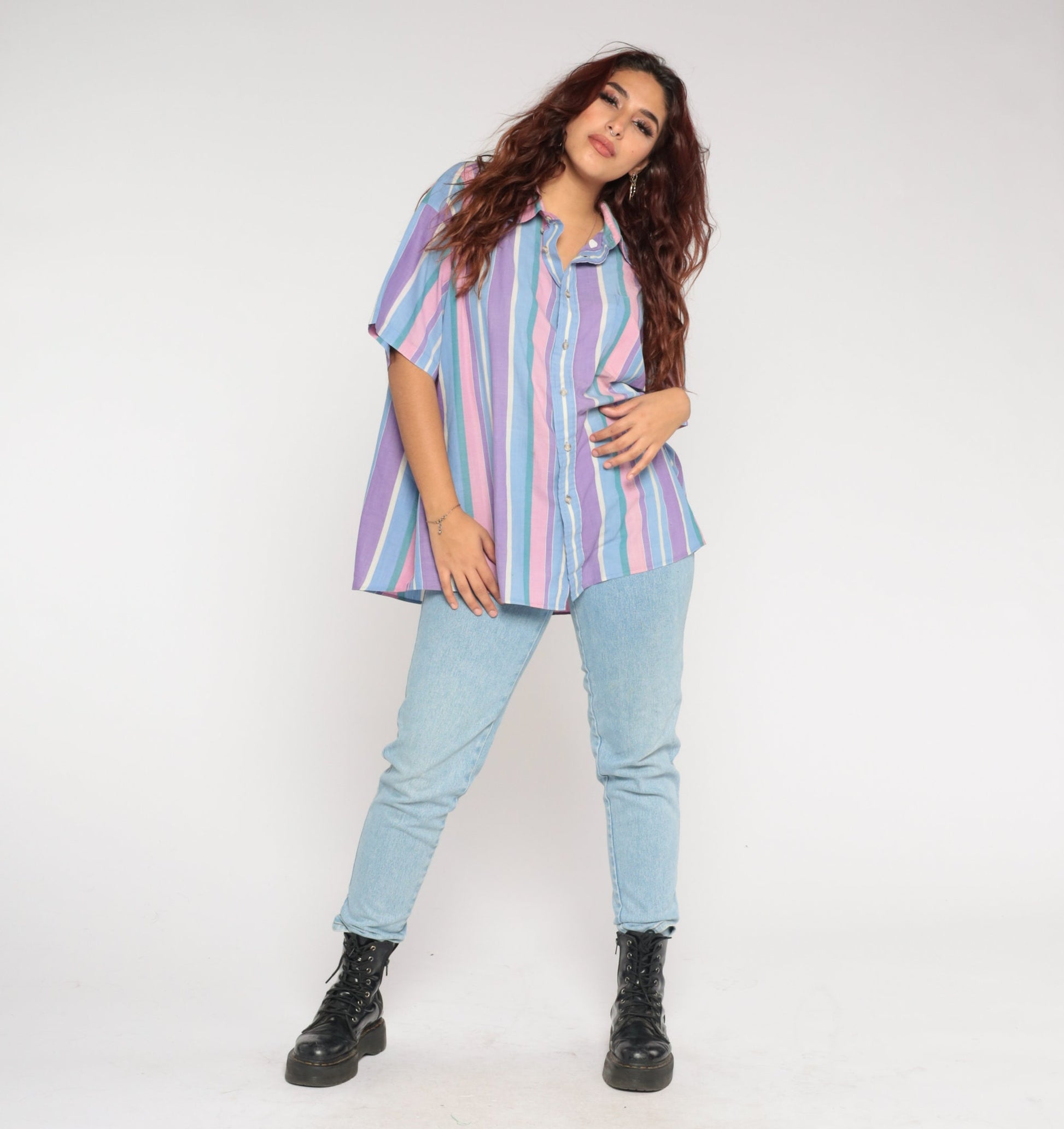 90s Striped Button-Up Shirt Pink Purple Green Short Sleeve Collar XXL