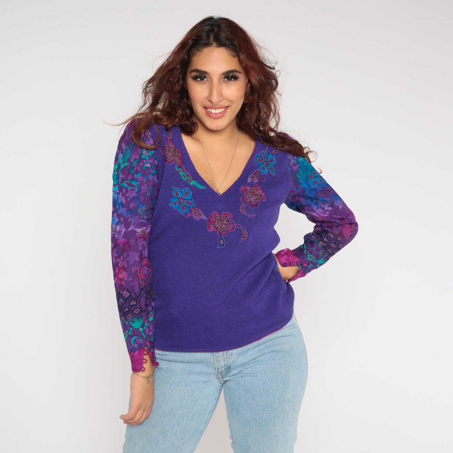 80s Purple Floral Knit Sweater Puff Sleeve V-Neck Appliqué Blouse Small S