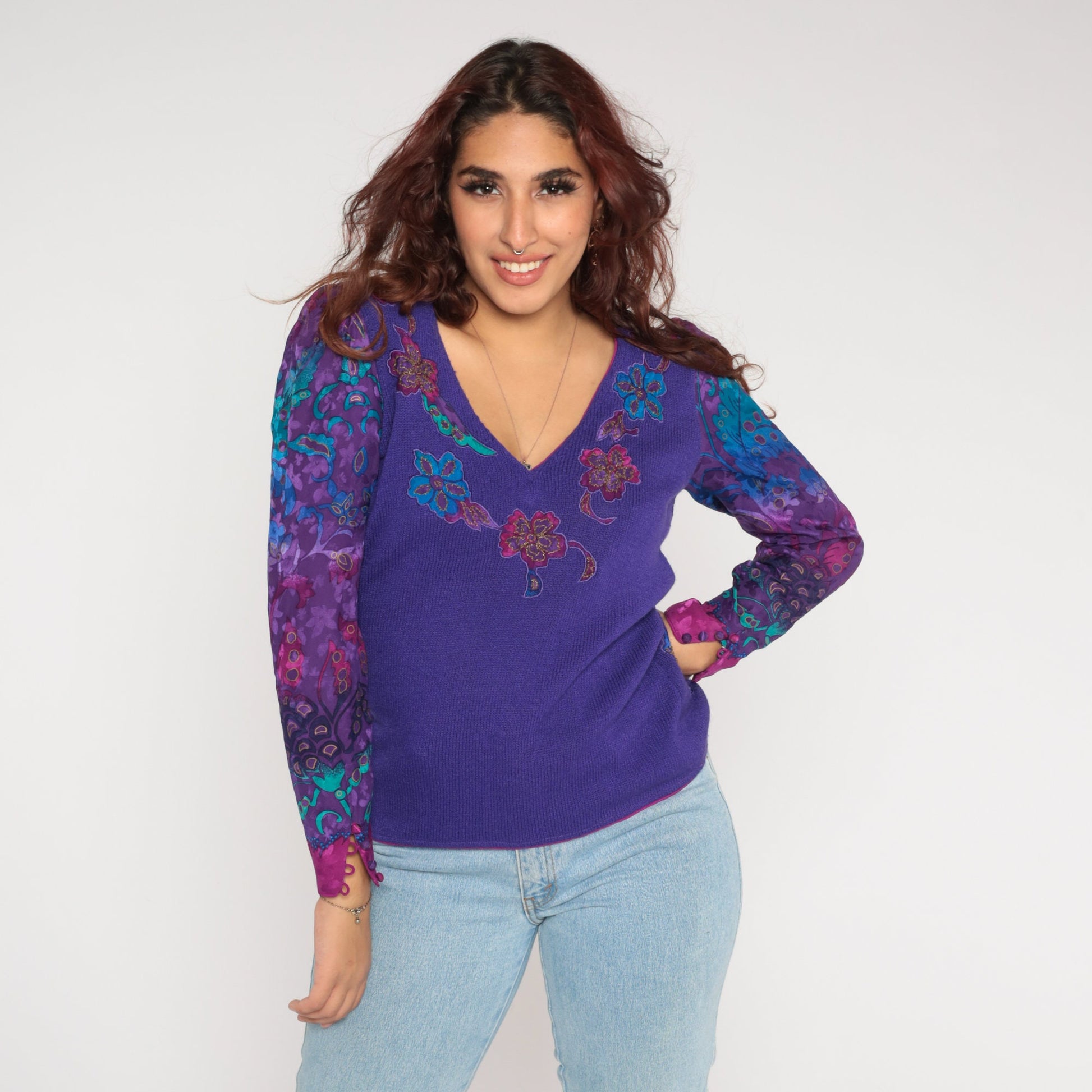 80s Purple Floral Knit Sweater Puff Sleeve V-Neck Appliqué Blouse Small S
