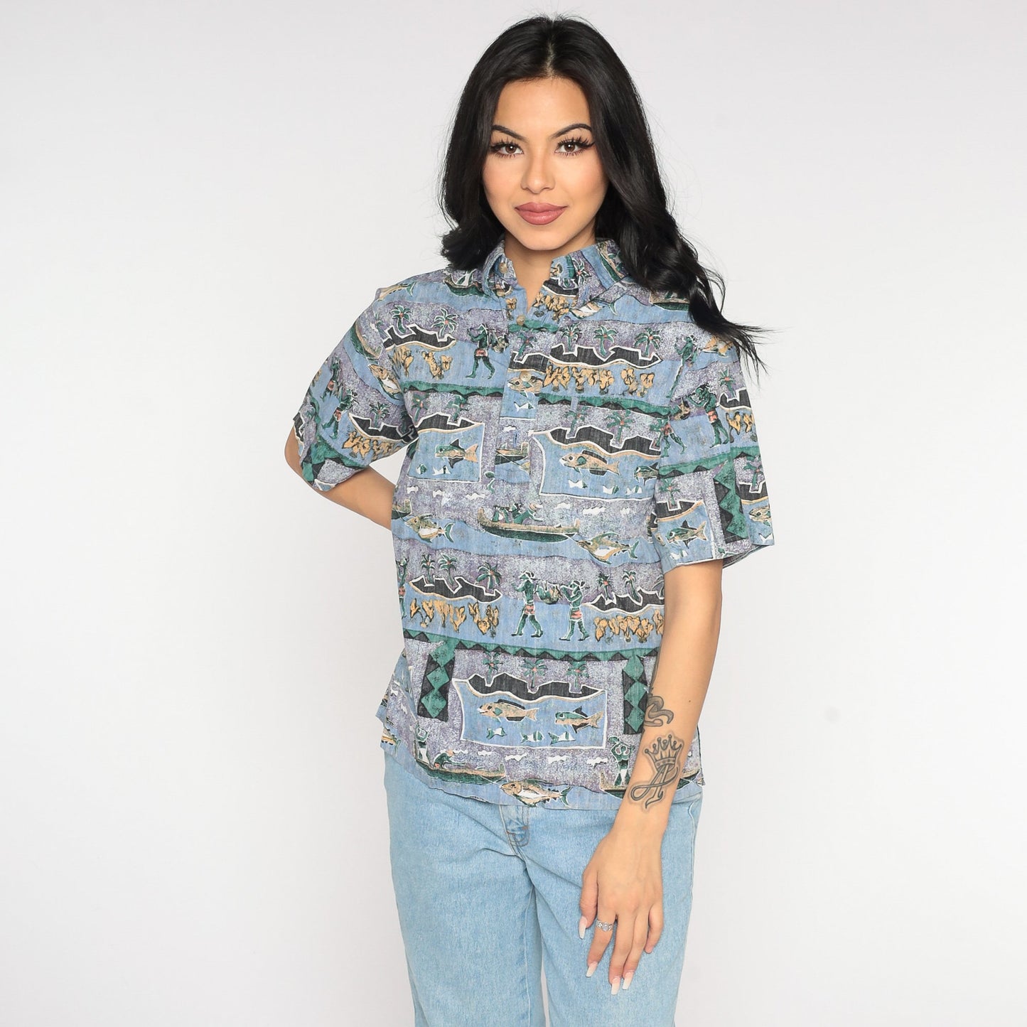 Y2K Tropical Fishing Island Print Button-Up Shirt Purple Blue Cotton Extra Small