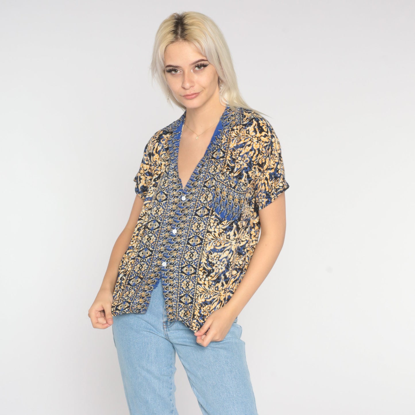 90s Batik Floral Button-Up Blouse Blue Yellow Short Sleeve Small
